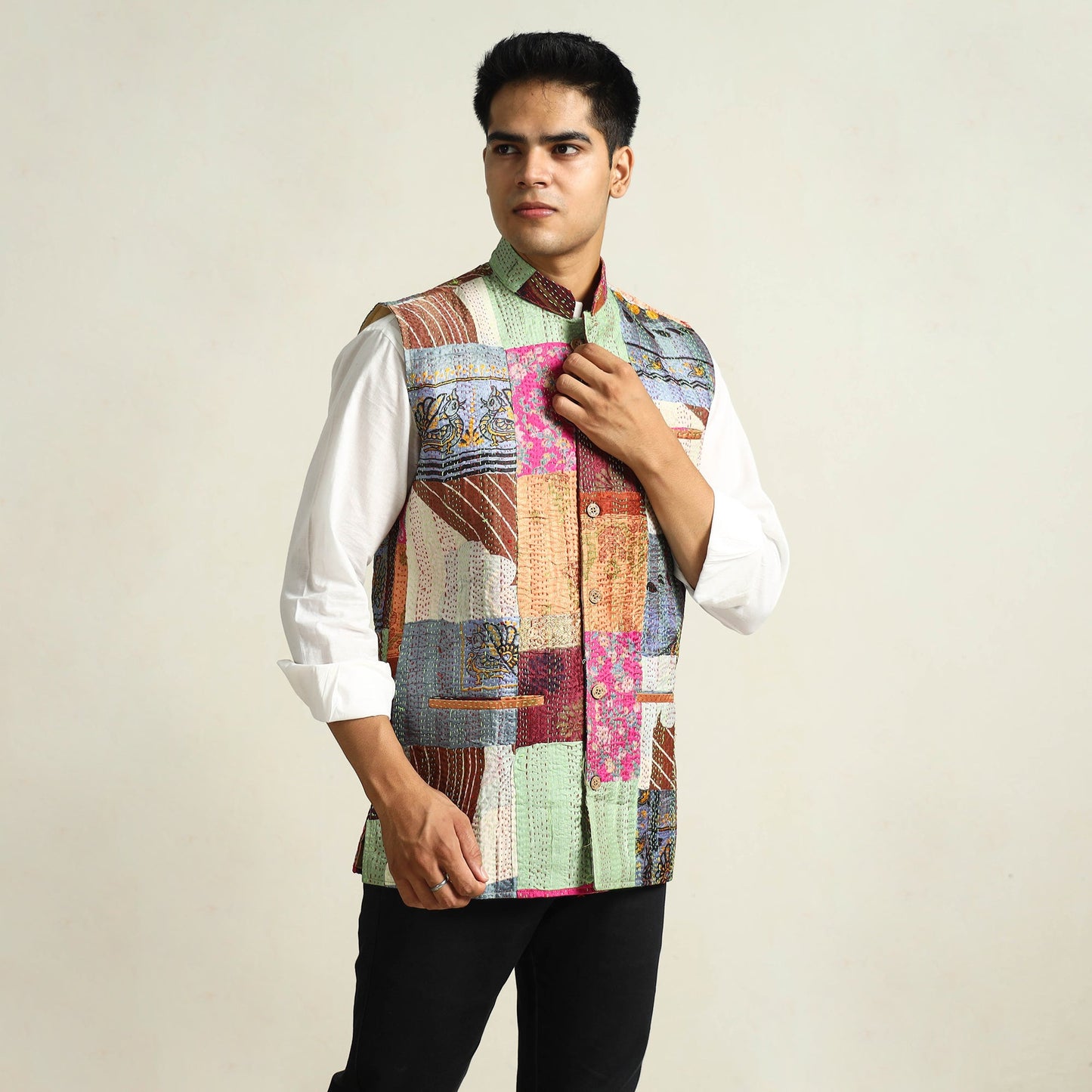 Multicolor Kantha Embroidery Silk Patchwork Nehru Jacket