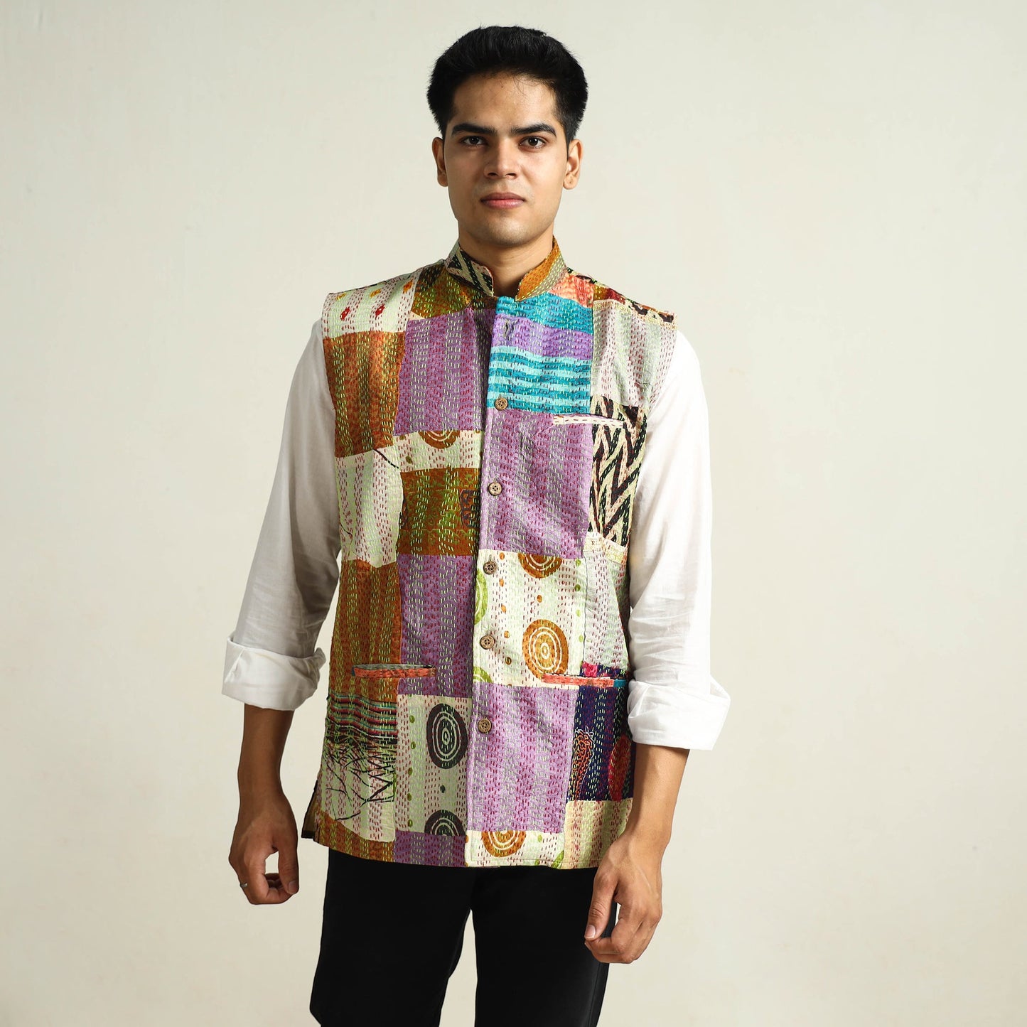 Multicolor Kantha Embroidery Silk Patchwork Nehru Jacket