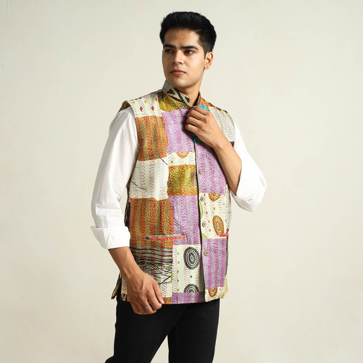 Multicolor Kantha Embroidery Silk Patchwork Nehru Jacket