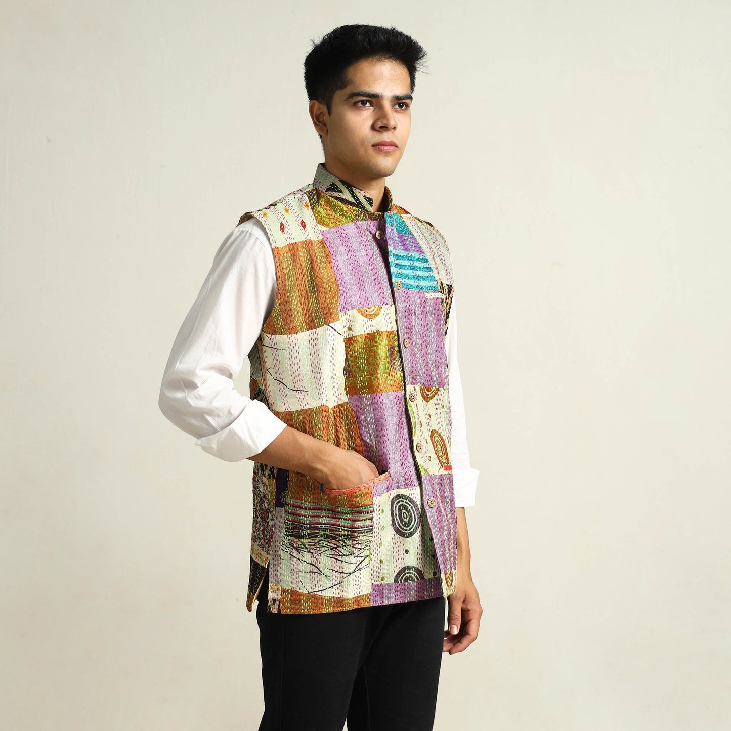 Multicolor Kantha Embroidery Silk Patchwork Nehru Jacket