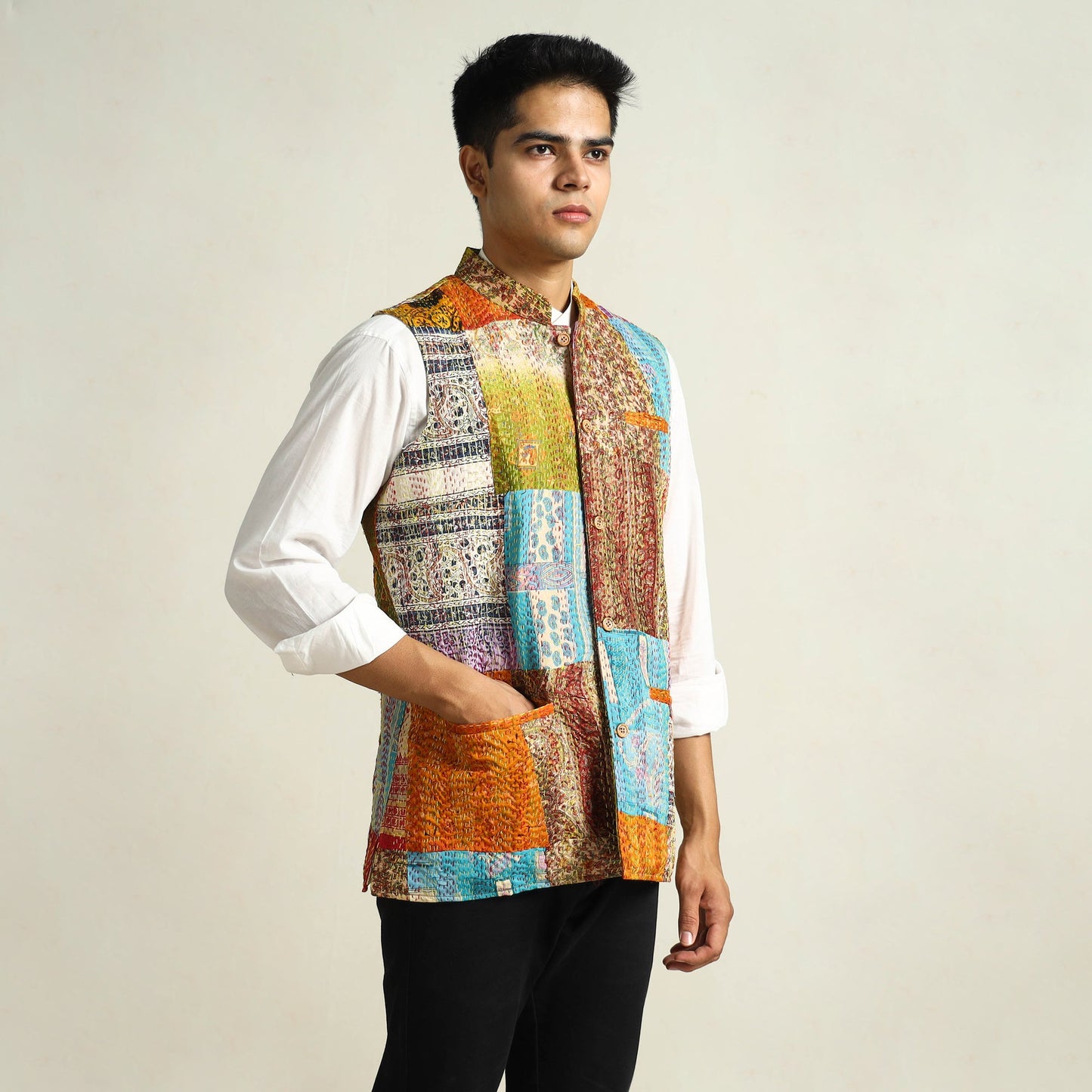 Multicolor Kantha Embroidery Silk Patchwork Nehru Jacket