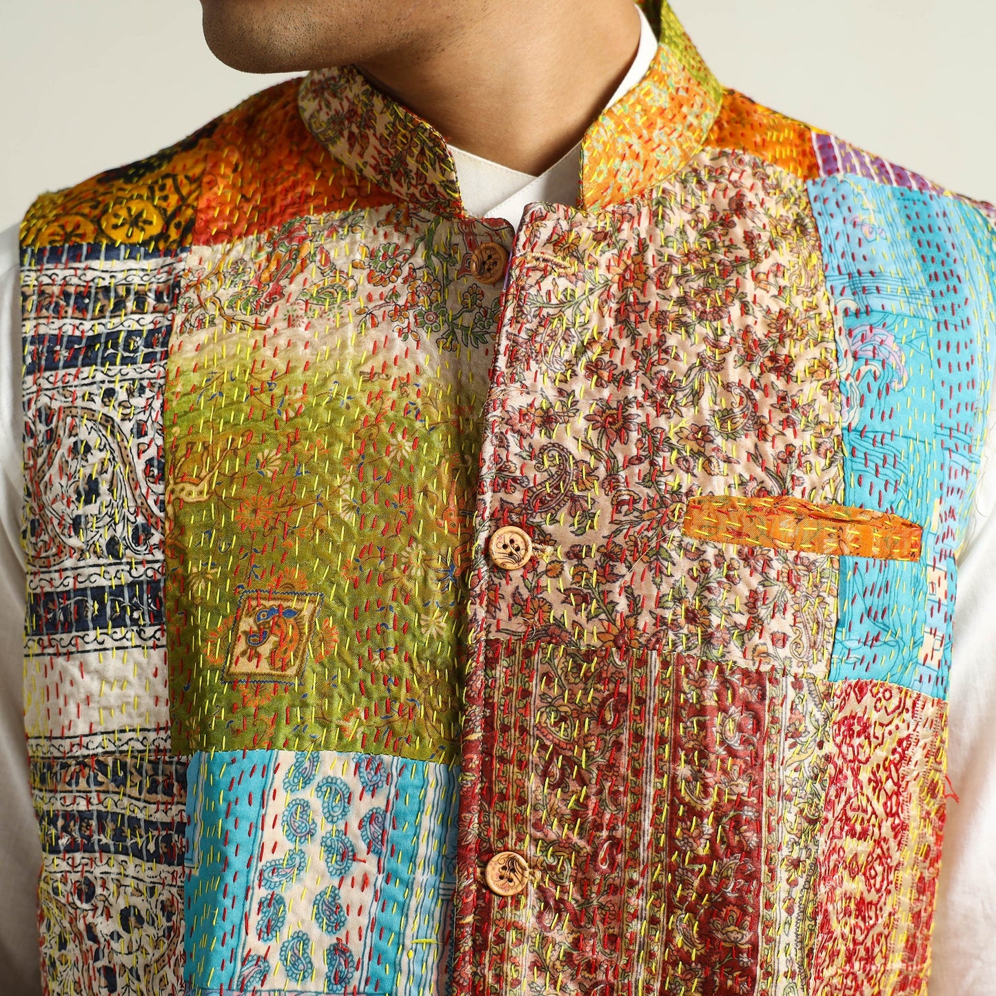 Multicolor Kantha Embroidery Silk Patchwork Nehru Jacket
