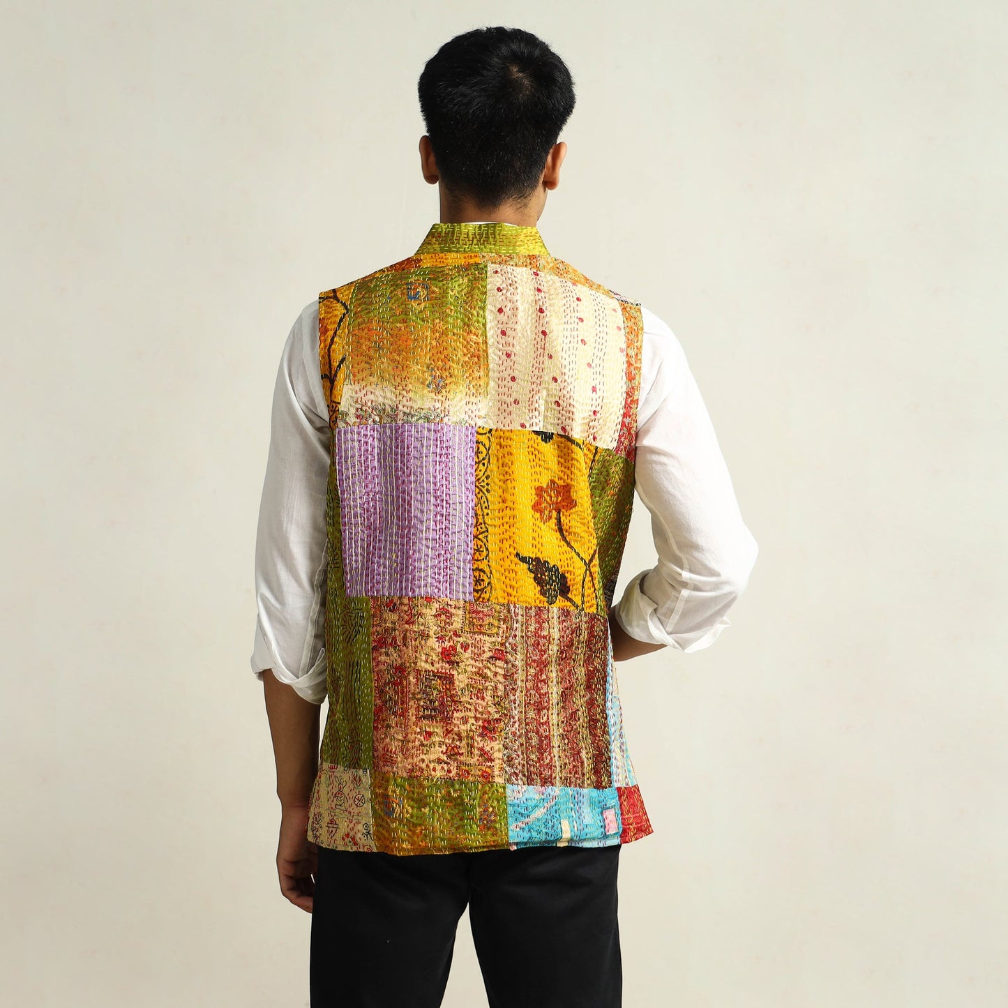 Multicolor Kantha Embroidery Silk Patchwork Nehru Jacket