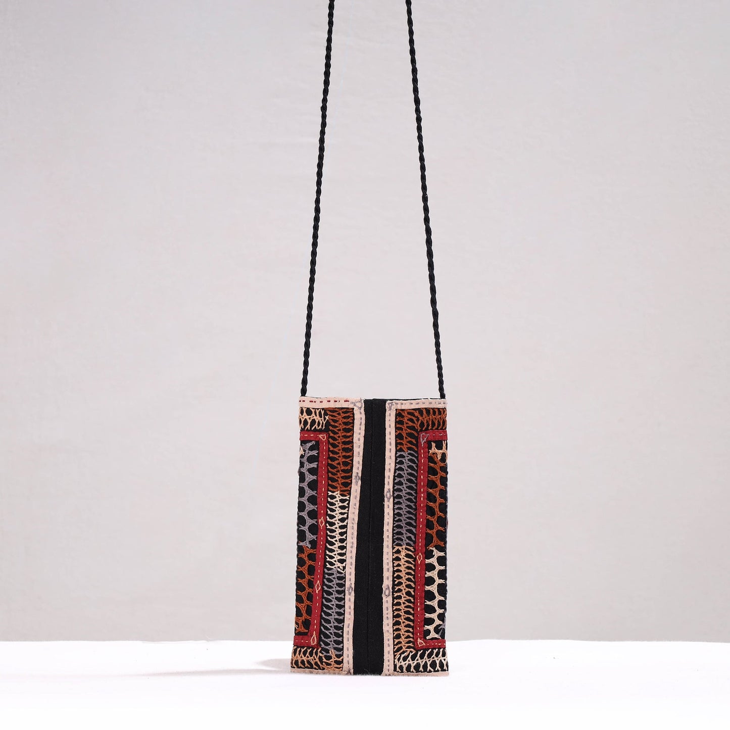 Multicolor Kutch Dhebariya Qatab Embroidery Cotton Sling Mobile Pouch