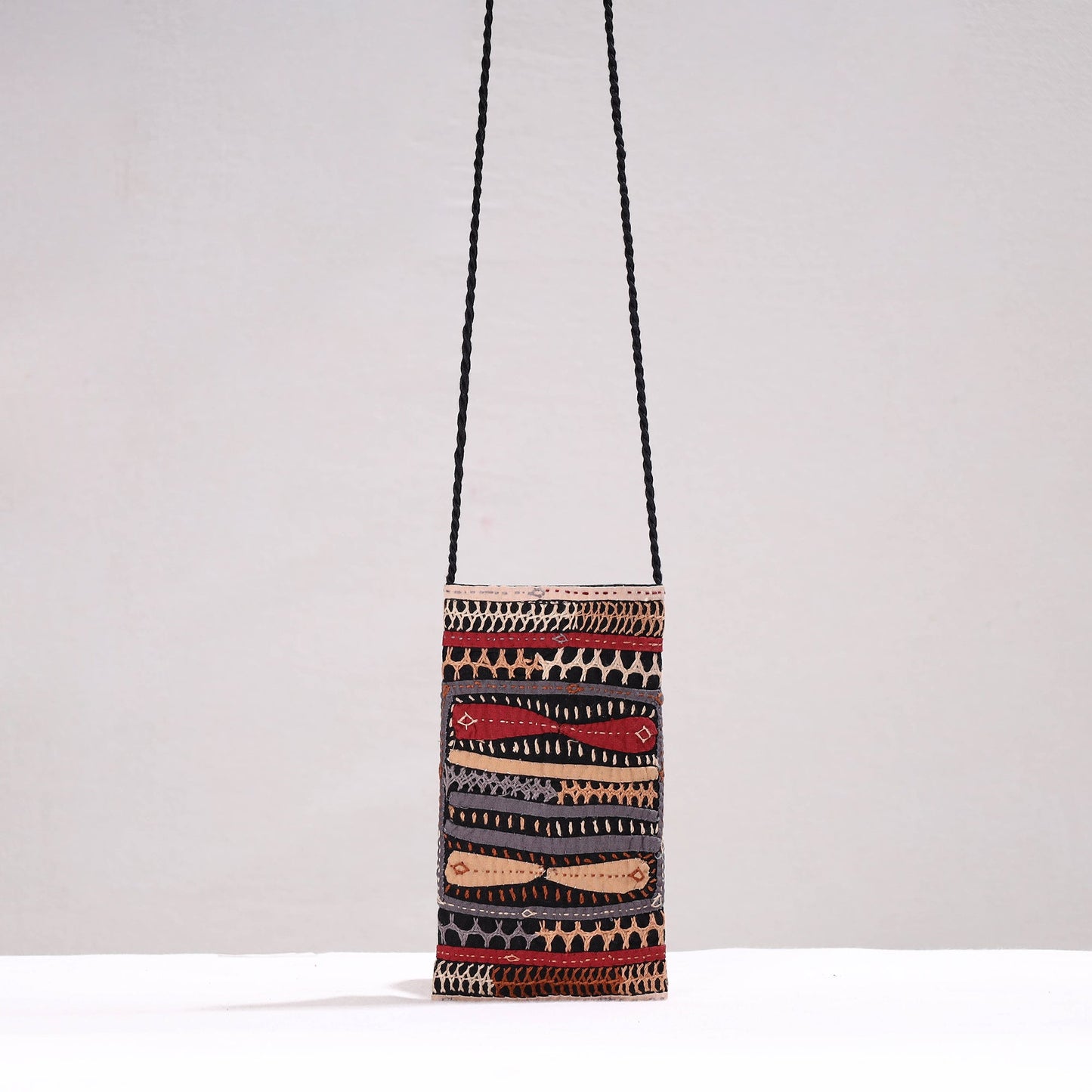 Multicolor Kutch Dhebariya Qatab Embroidery Cotton Sling Mobile Pouch
