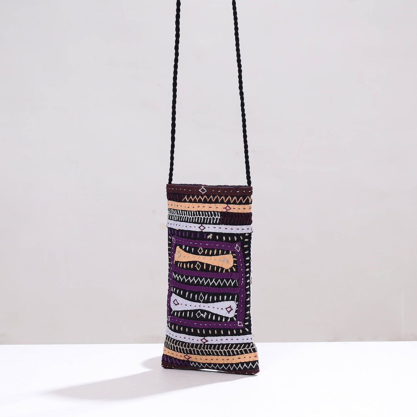 Multicolor Kutch Dhebariya Qatab Embroidery Sling Mobile Pouch