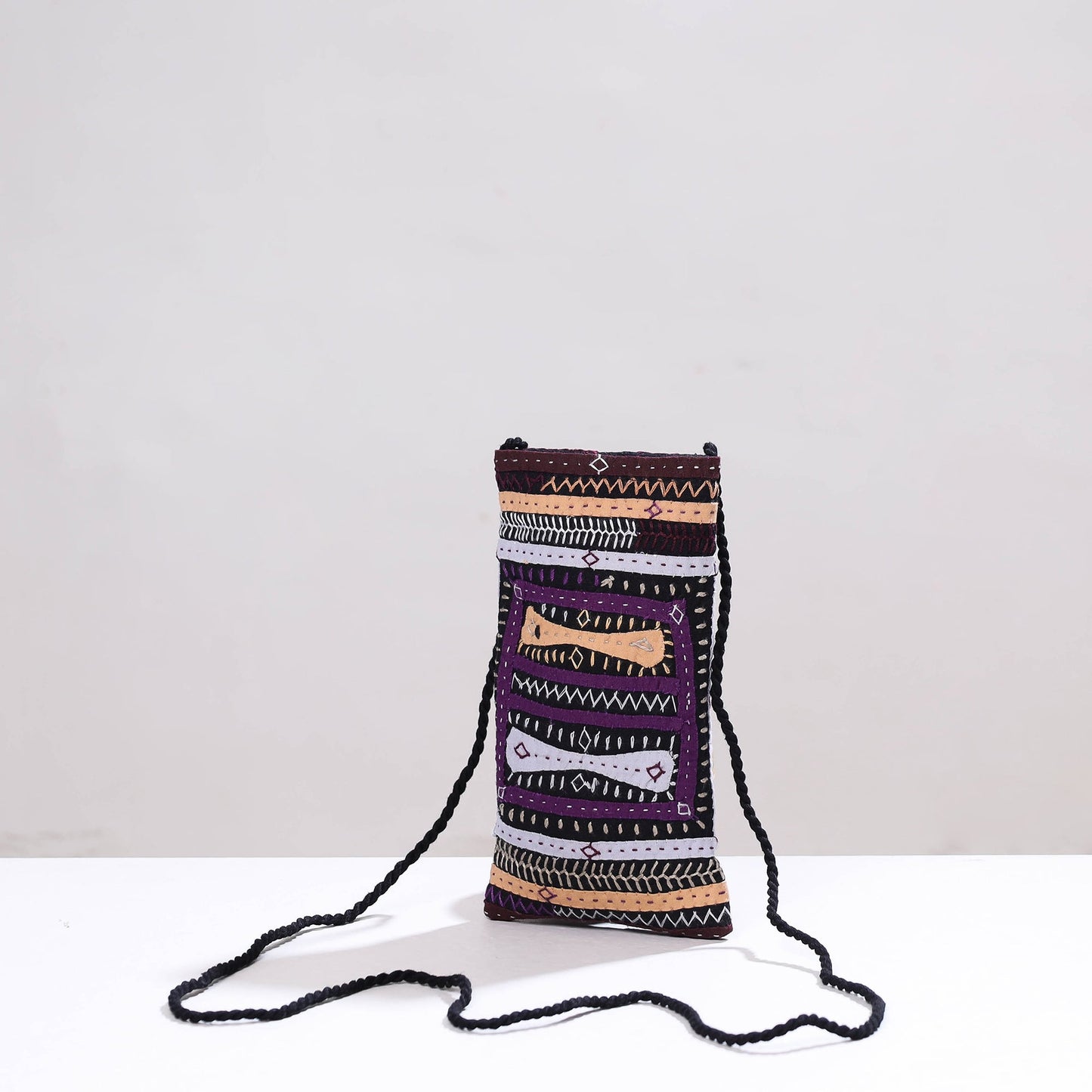 Multicolor Kutch Dhebariya Qatab Embroidery Sling Mobile Pouch