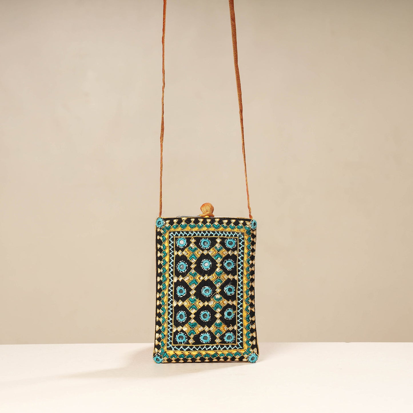 Multicolor Kutch Neran Embroidery Mashru Silk Mobile Sling Bag