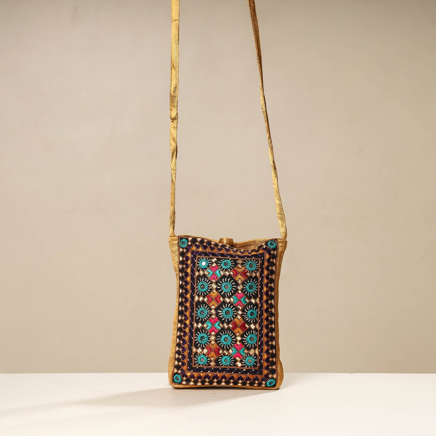 Multicolor Kutch Neran Embroidery Mashru Silk Mobile Sling Bag