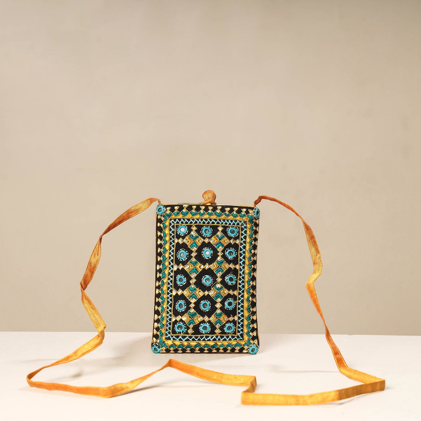 Multicolor Kutch Neran Embroidery Mashru Silk Mobile Sling Bag