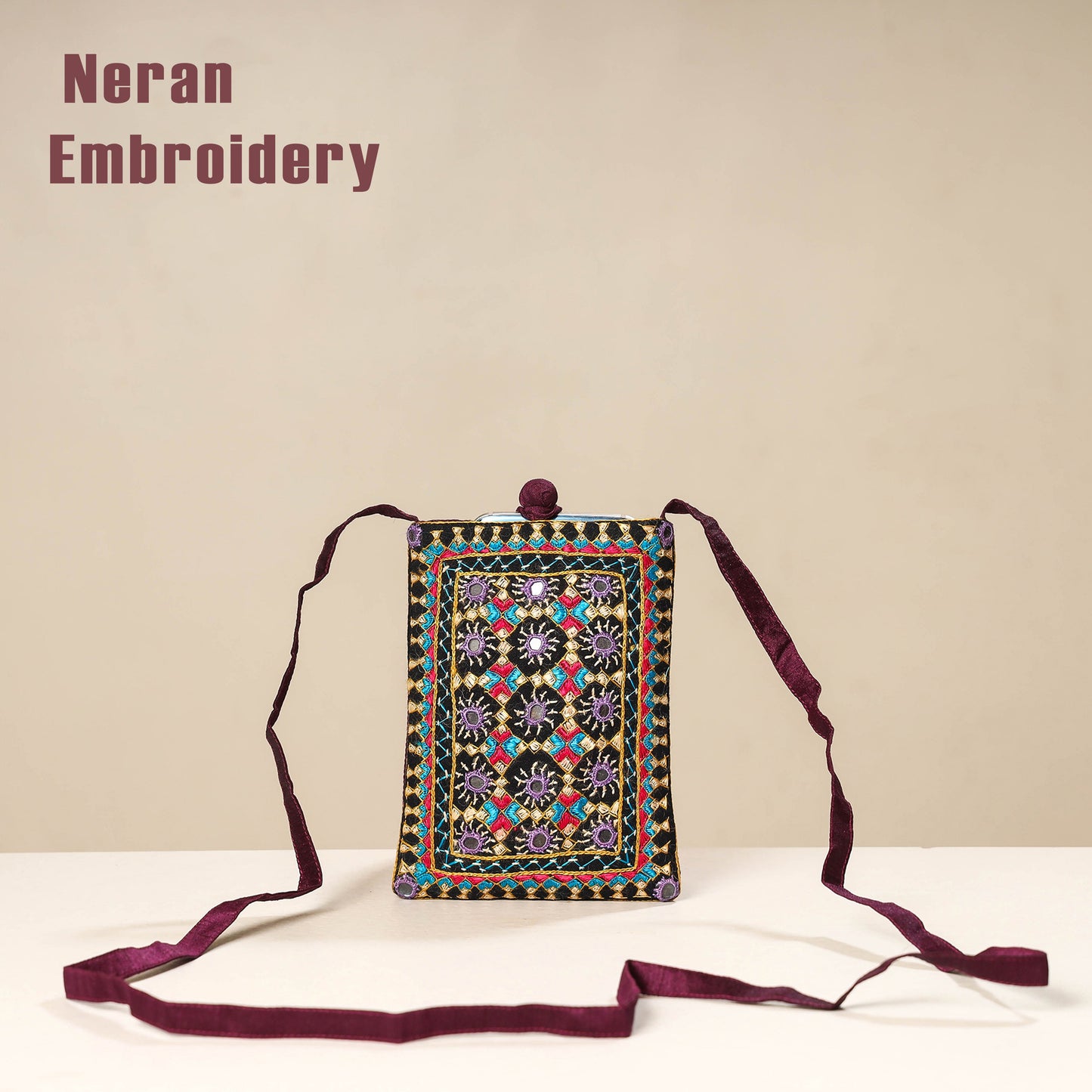 Multicolor Kutch Neran Embroidery Mashru Silk Mobile Sling Bag