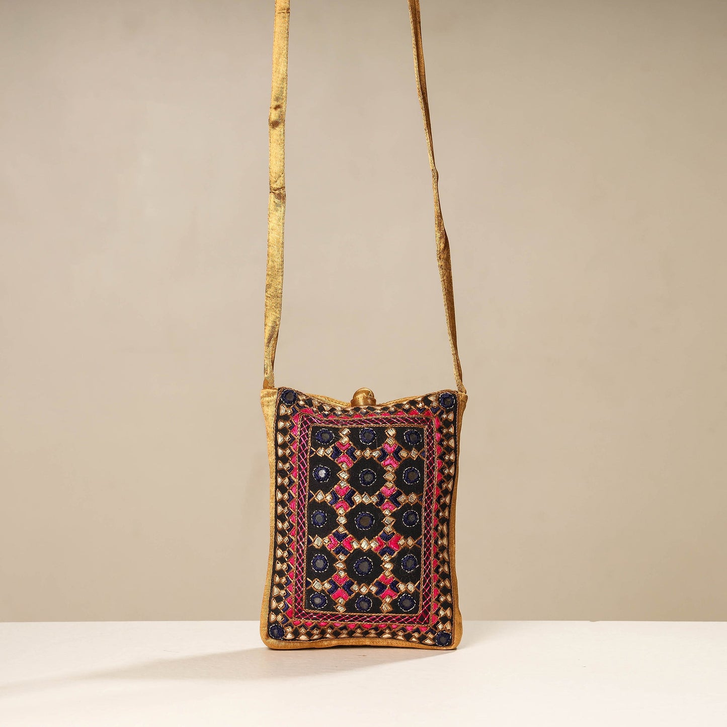 Multicolor Kutch Neran Embroidery Mashru Silk Mobile Sling Bag
