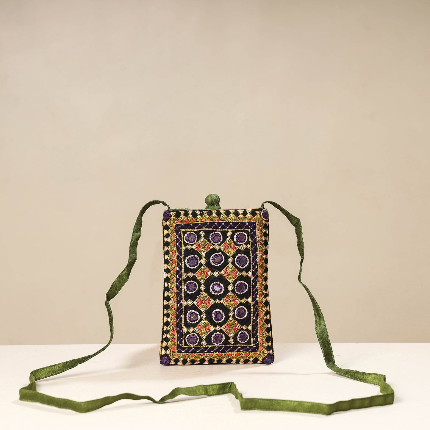 Multicolor Kutch Neran Embroidery Mashru Silk Mobile Sling Bag