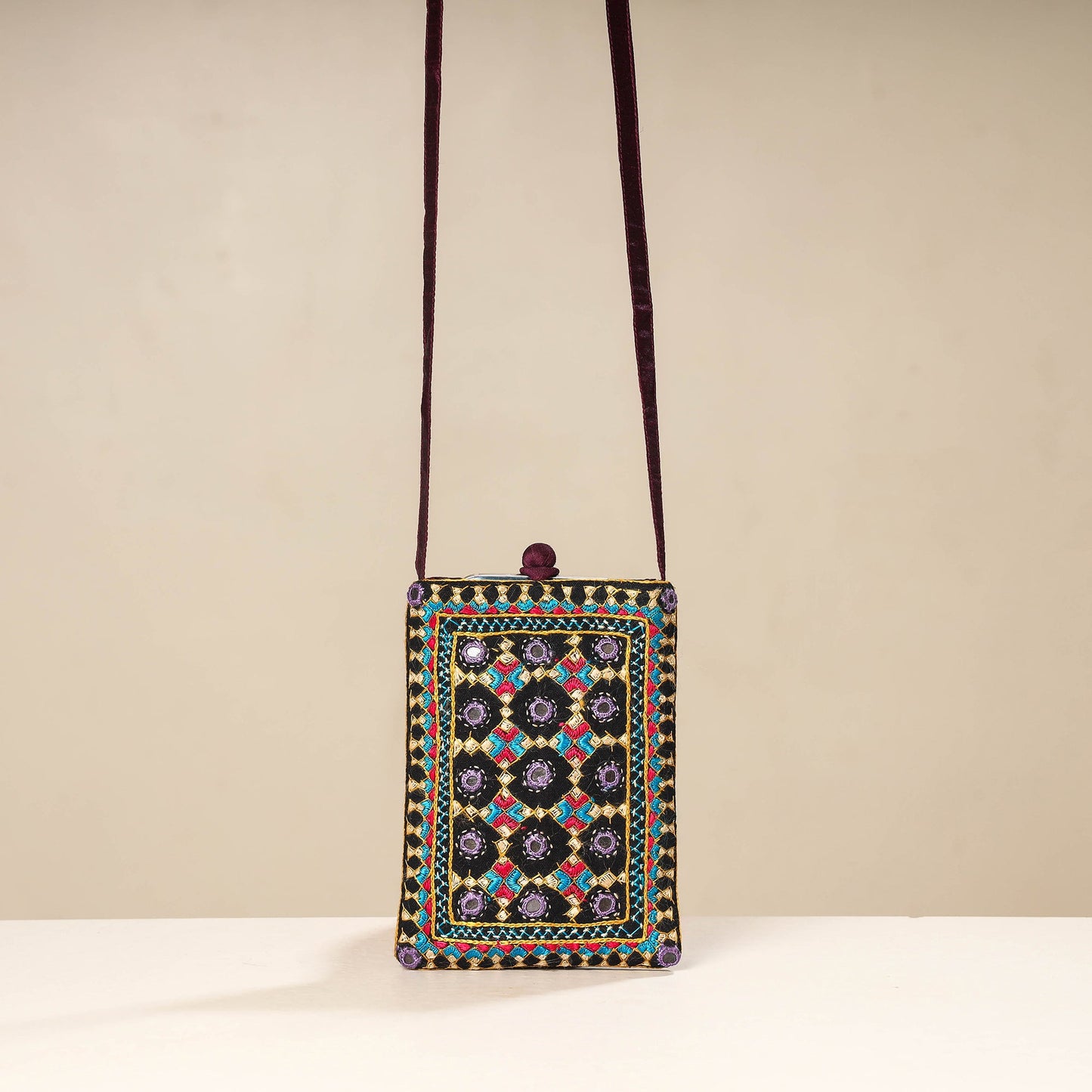 Multicolor Kutch Neran Embroidery Mashru Silk Mobile Sling Bag