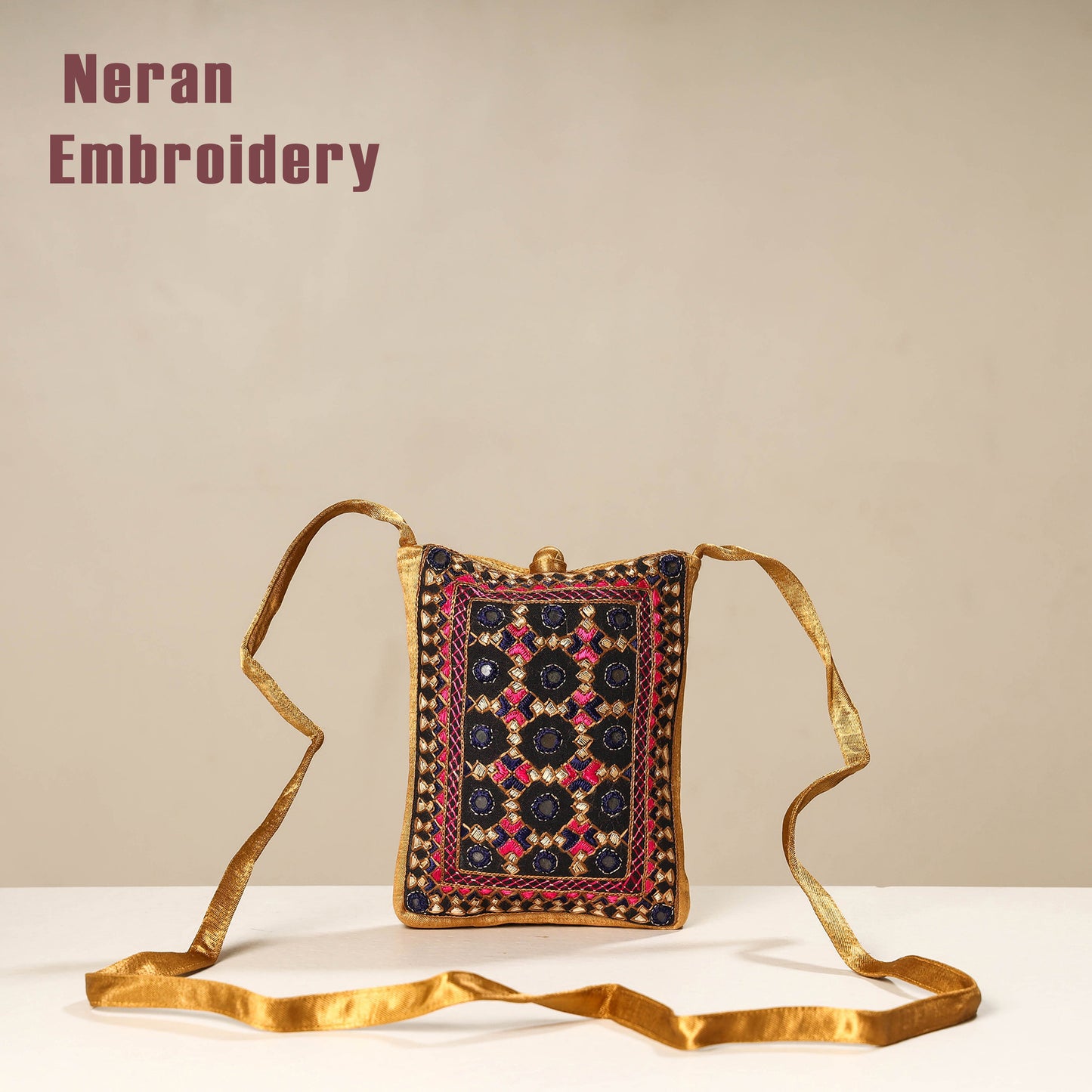 Multicolor Kutch Neran Embroidery Mashru Silk Mobile Sling Bag