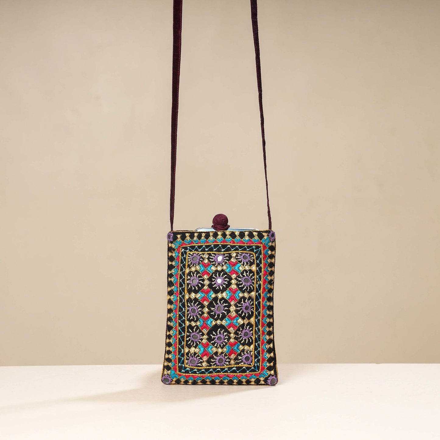 Multicolor Kutch Neran Embroidery Mashru Silk Mobile Sling Bag