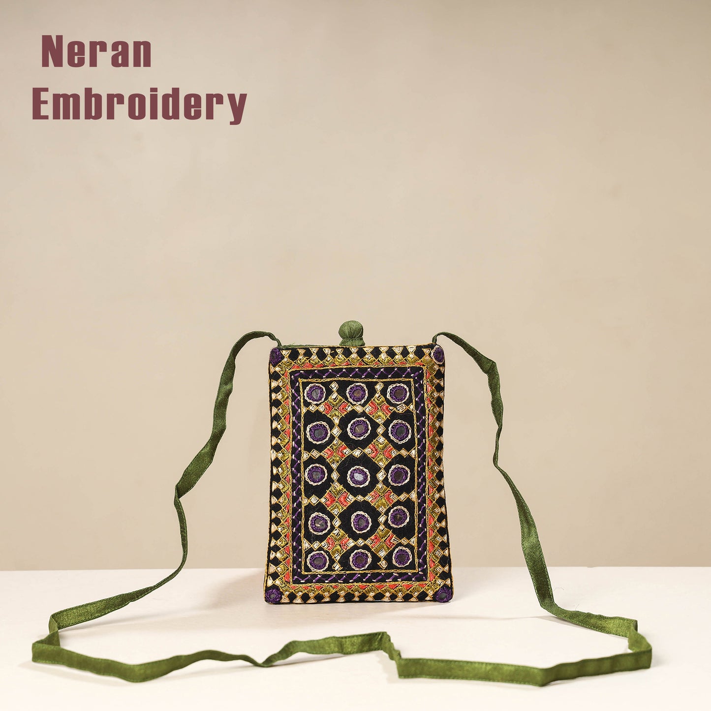 Multicolor Kutch Neran Embroidery Mashru Silk Mobile Sling Bag