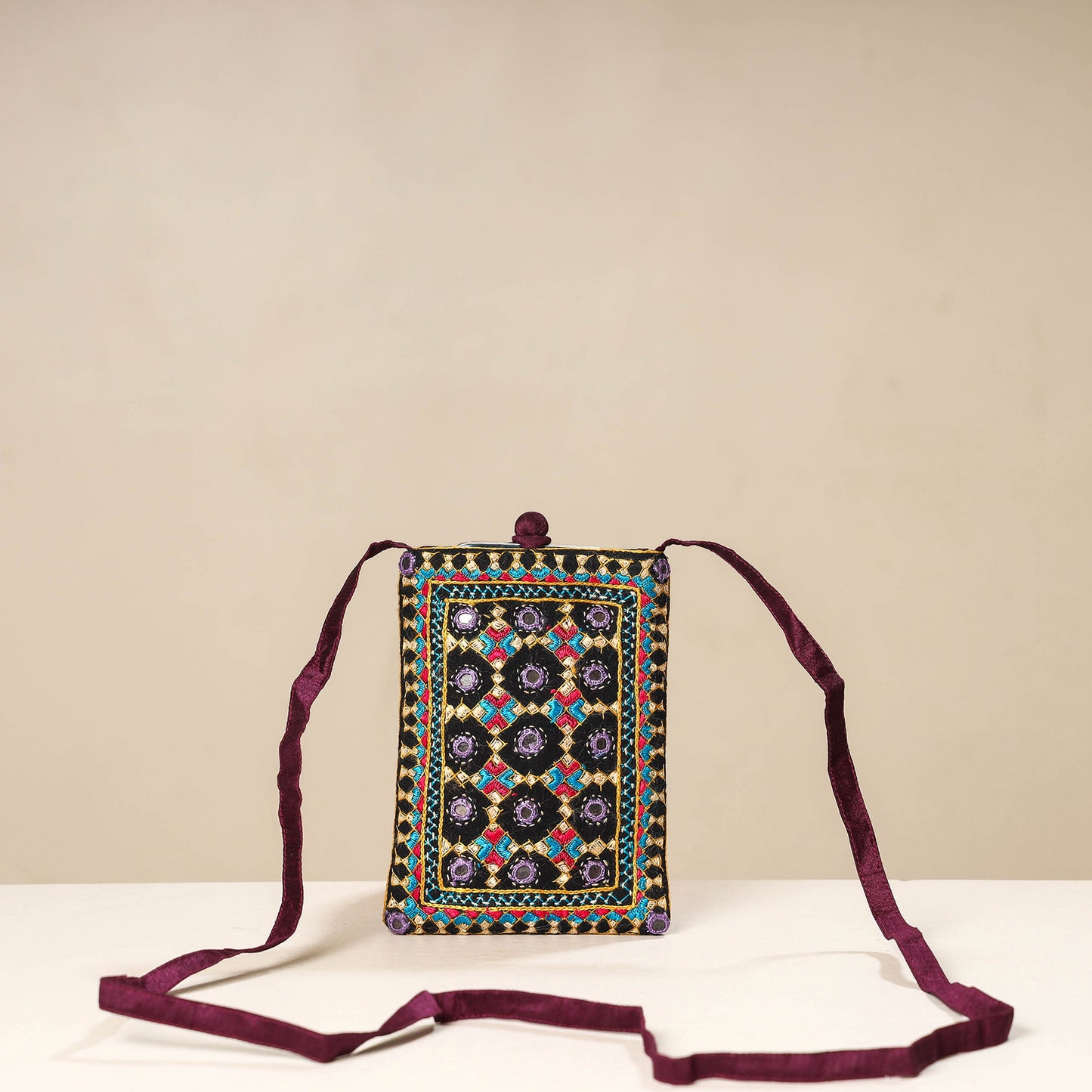 Multicolor Kutch Neran Embroidery Mashru Silk Mobile Sling Bag