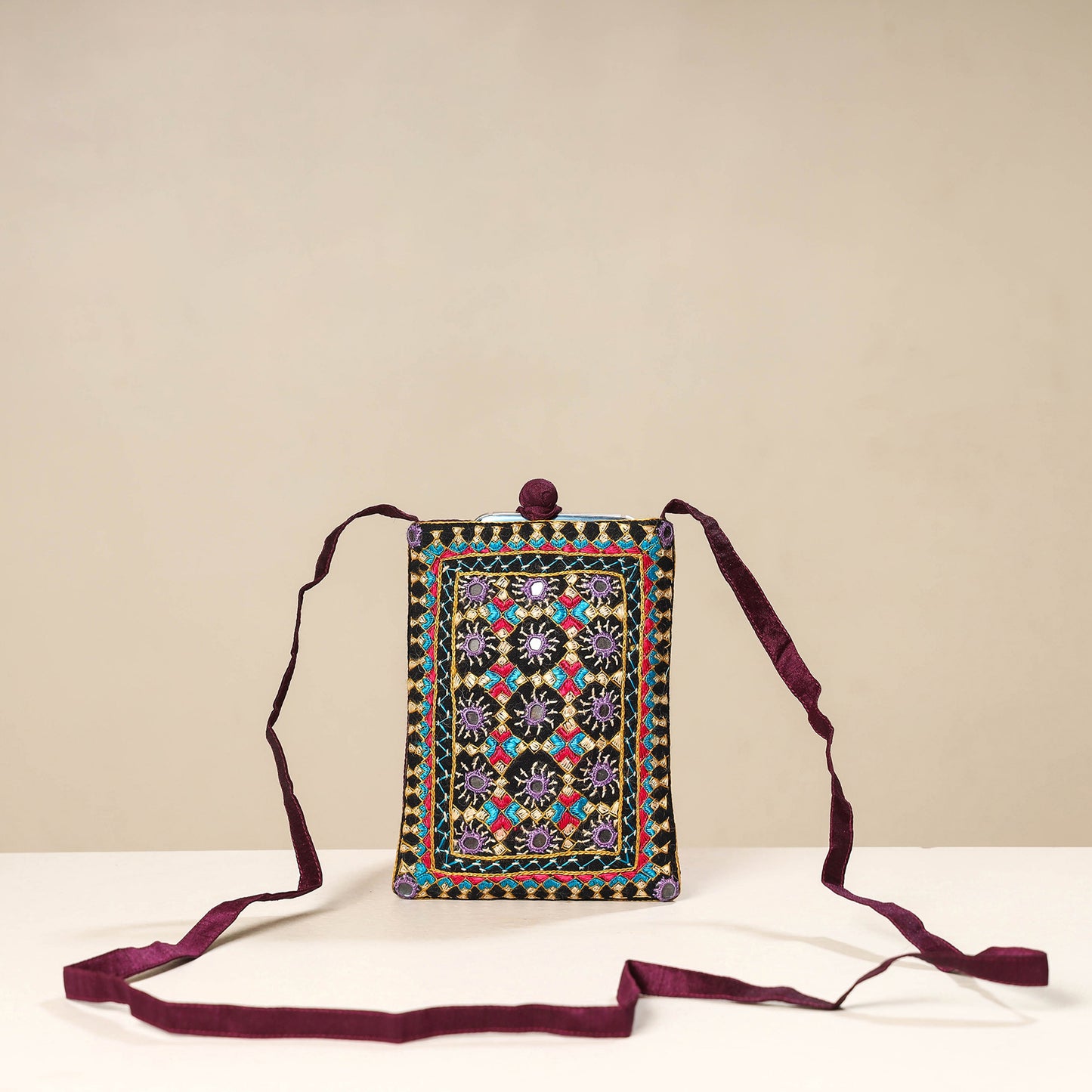 Multicolor Kutch Neran Embroidery Mashru Silk Mobile Sling Bag