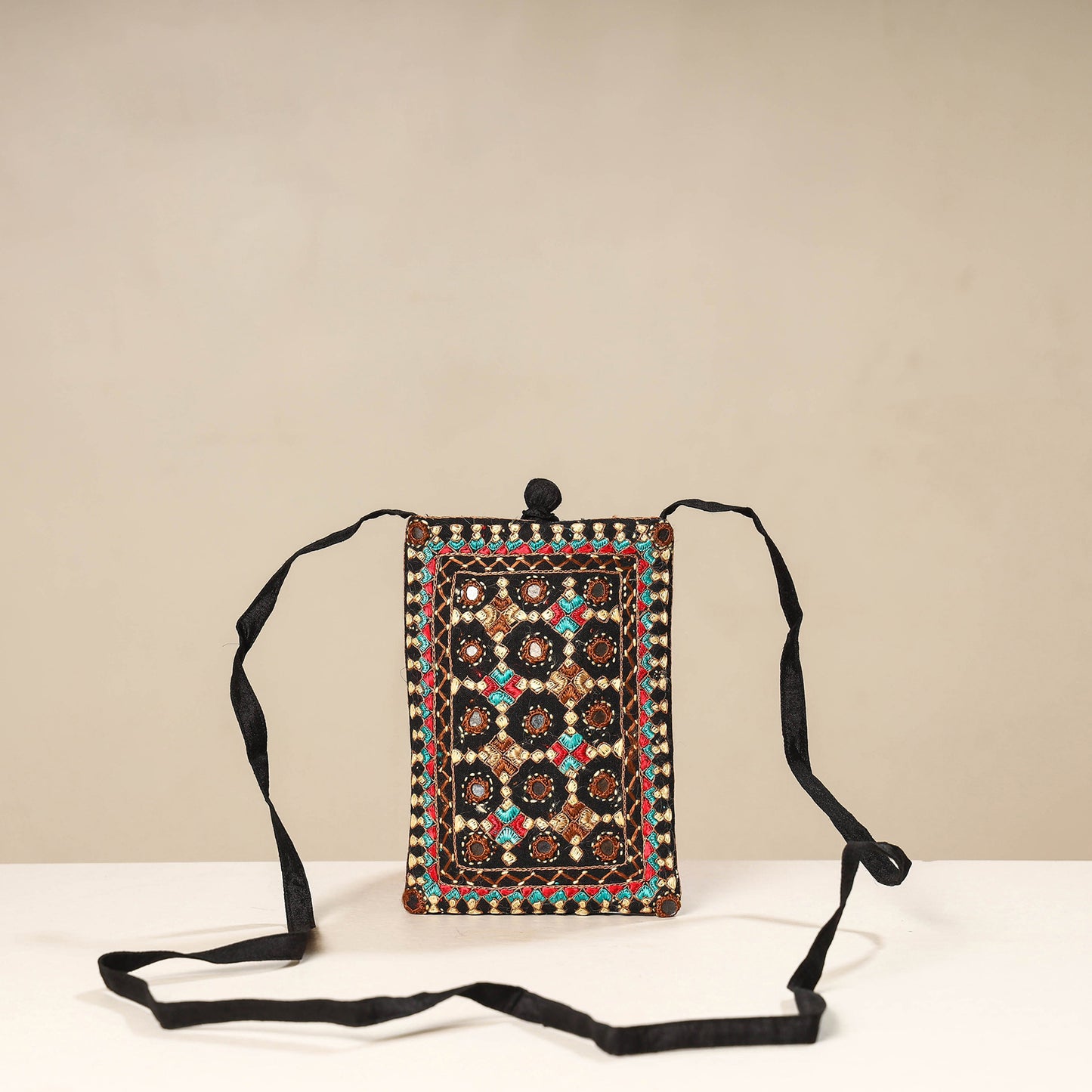 Multicolor Kutch Neran Embroidery Mashru Silk Mobile Sling Bag