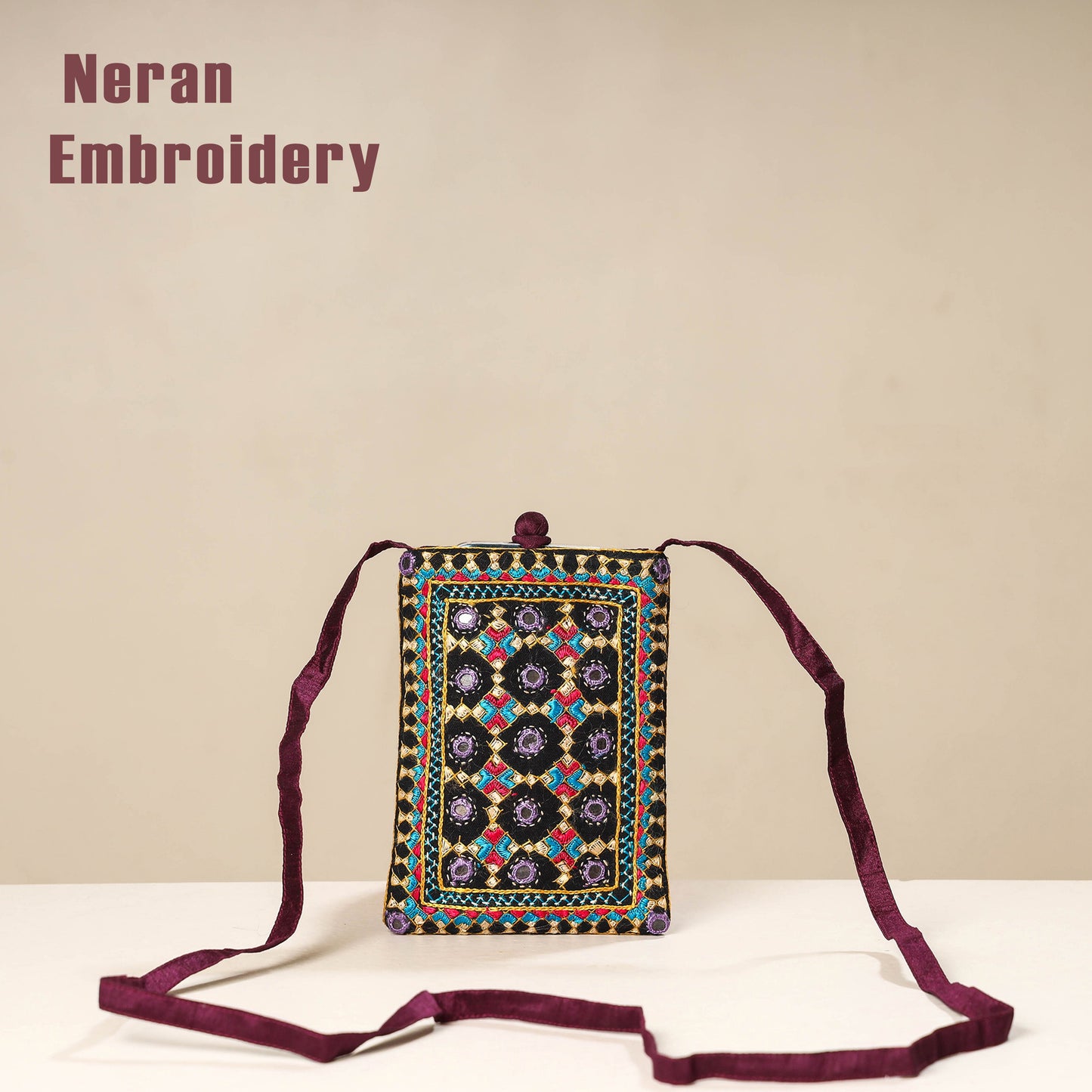 Multicolor Kutch Neran Embroidery Mashru Silk Mobile Sling Bag