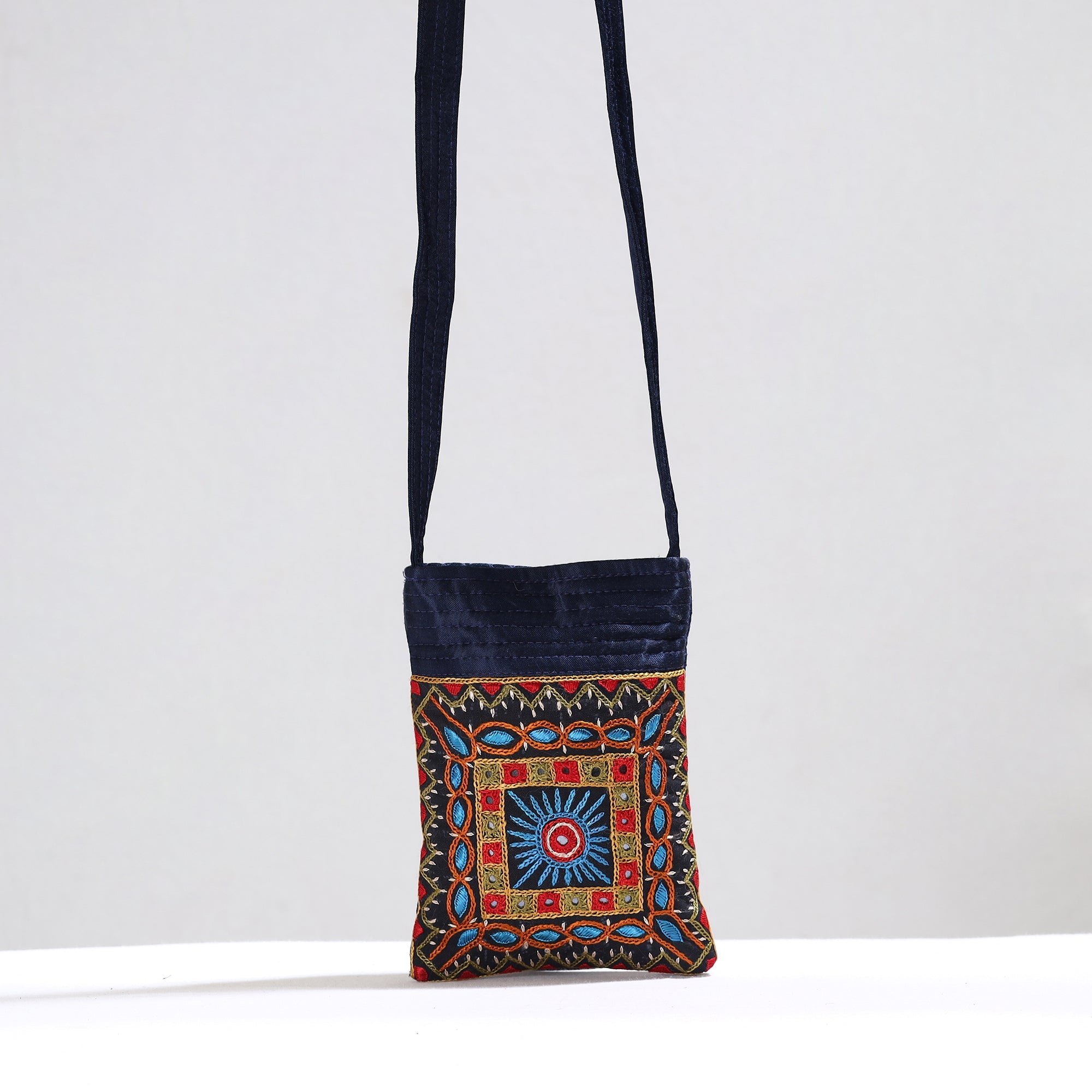 Pink - Kutch Tappo Embroidery Mashru Silk Mobile Sling Bag