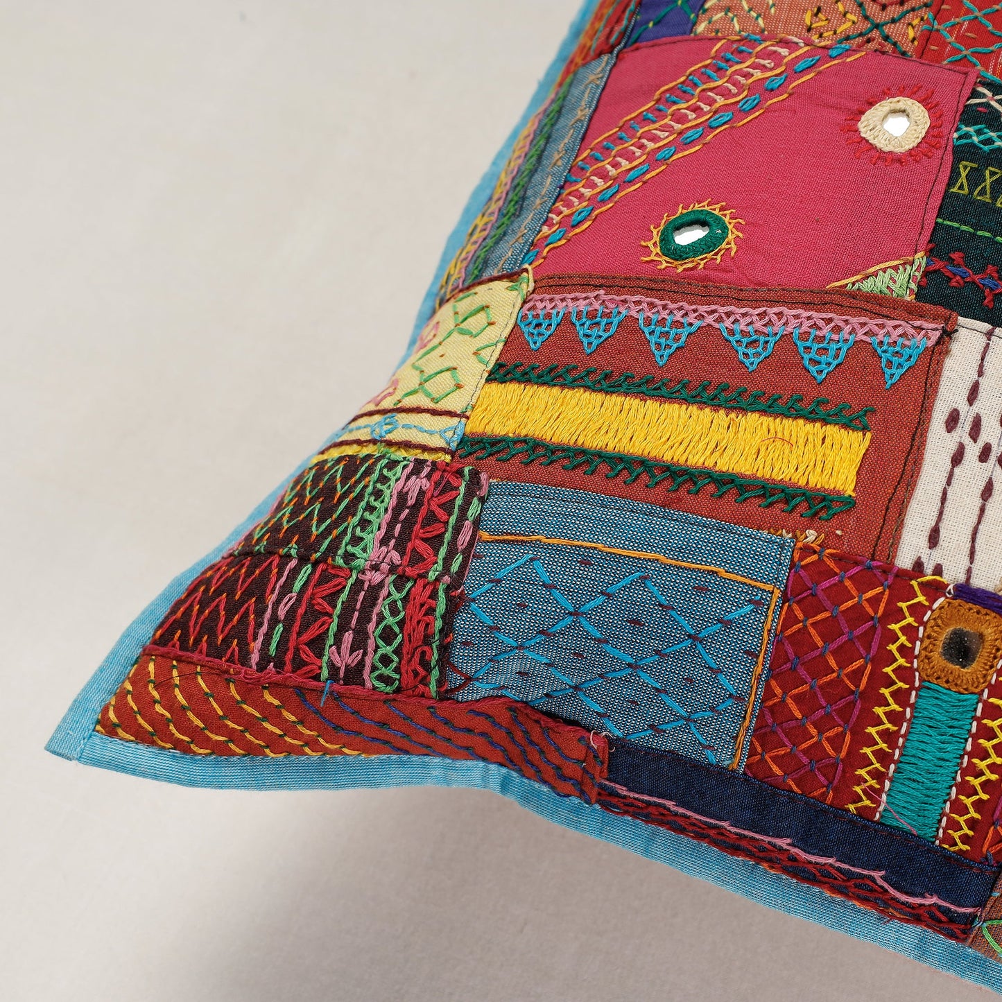 Buy Lambani Mirror Work Patchwork Cotton Cushion Cover (16 x 16 in) Online at iTokri.com