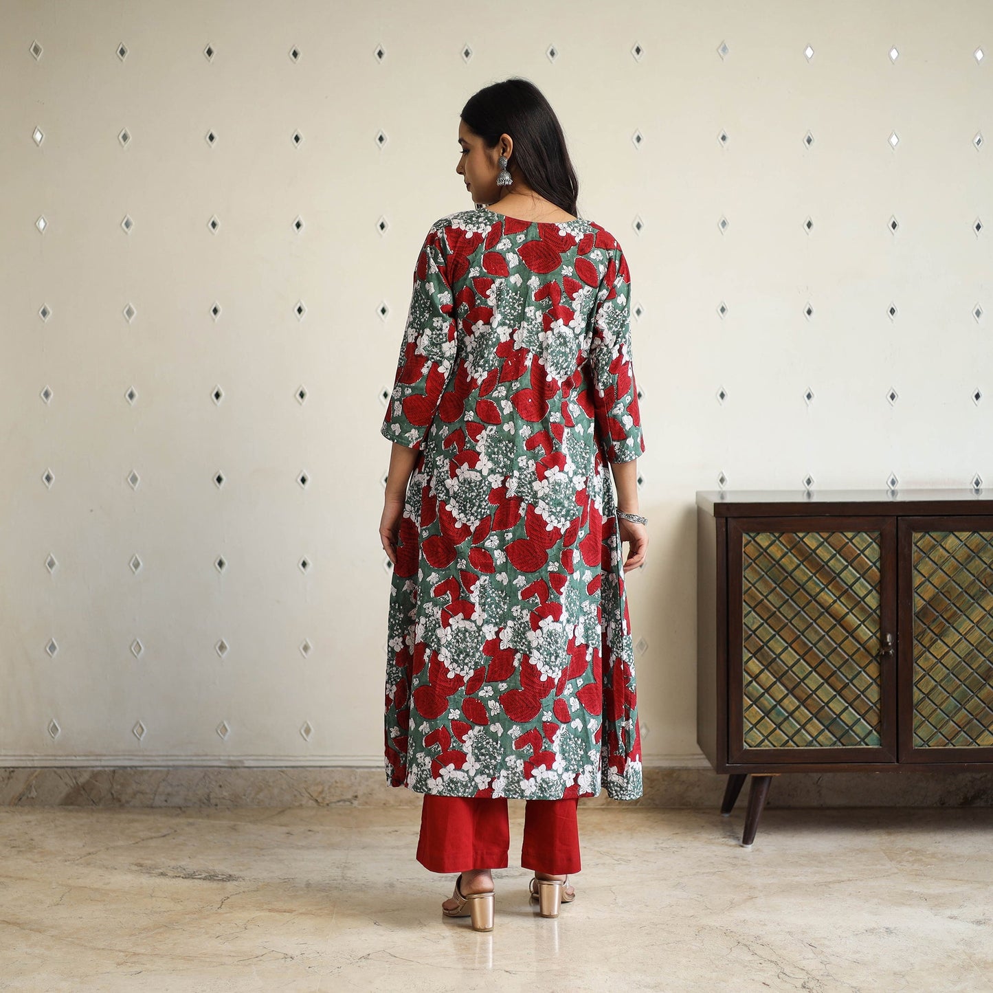 Multicolor A-Line Cotton Block Print Sanganeri Kurta