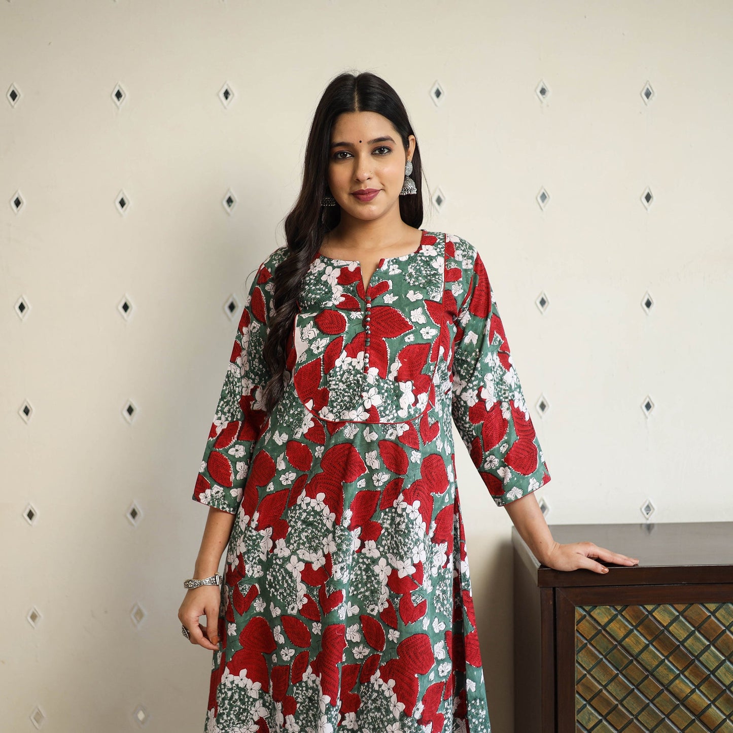 Multicolor A-Line Cotton Block Print Sanganeri Kurta