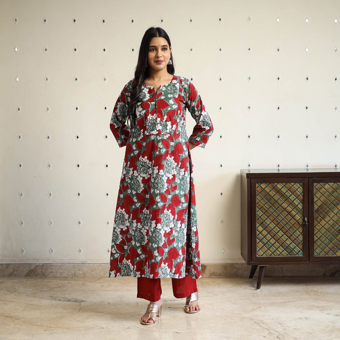 Multicolor A-Line Cotton Block Print Sanganeri Kurta