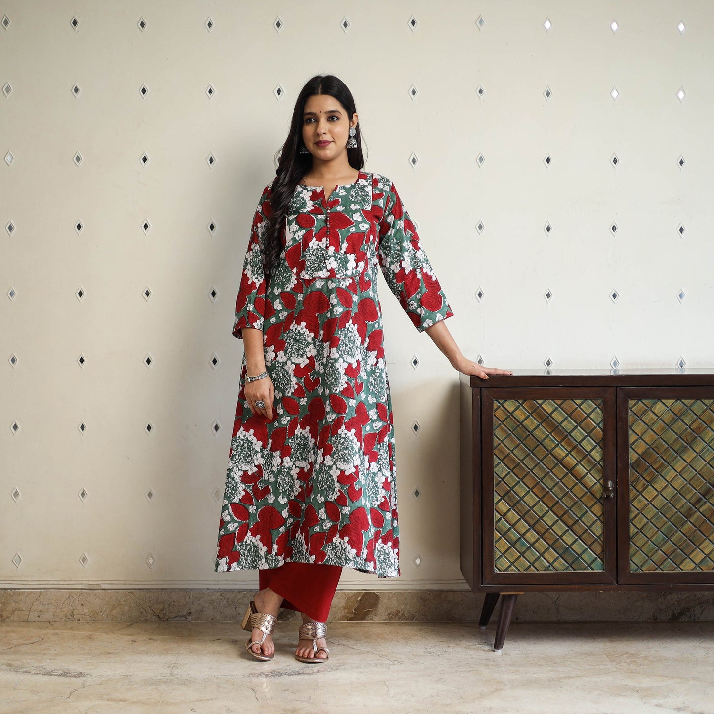 Multicolor A-Line Cotton Block Print Sanganeri Kurta