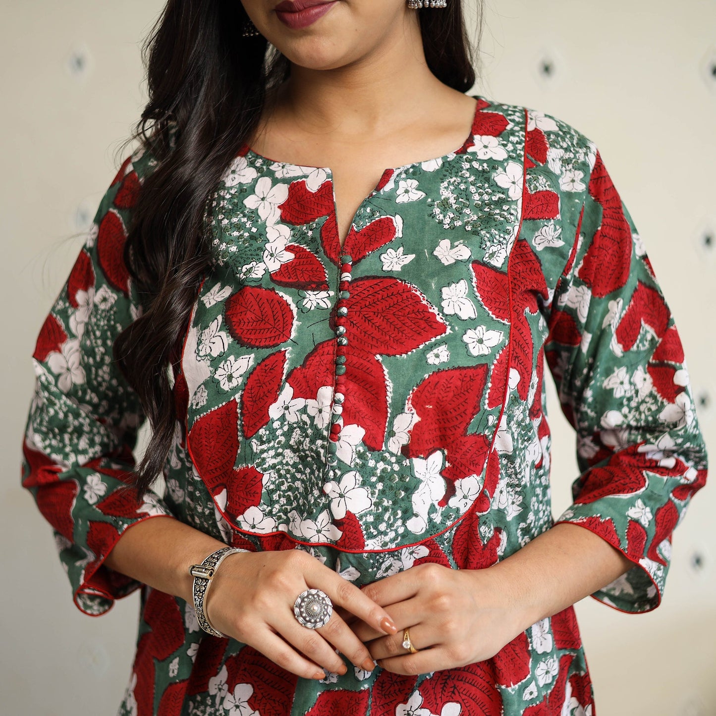 Multicolor A-Line Cotton Block Print Sanganeri Kurta