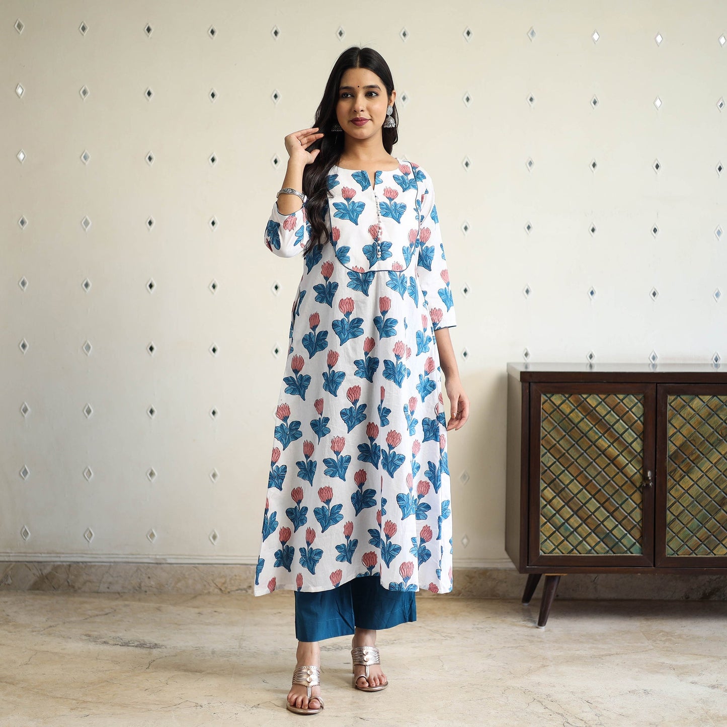 Multicolor A-Line Cotton Block Print Sanganeri Kurta