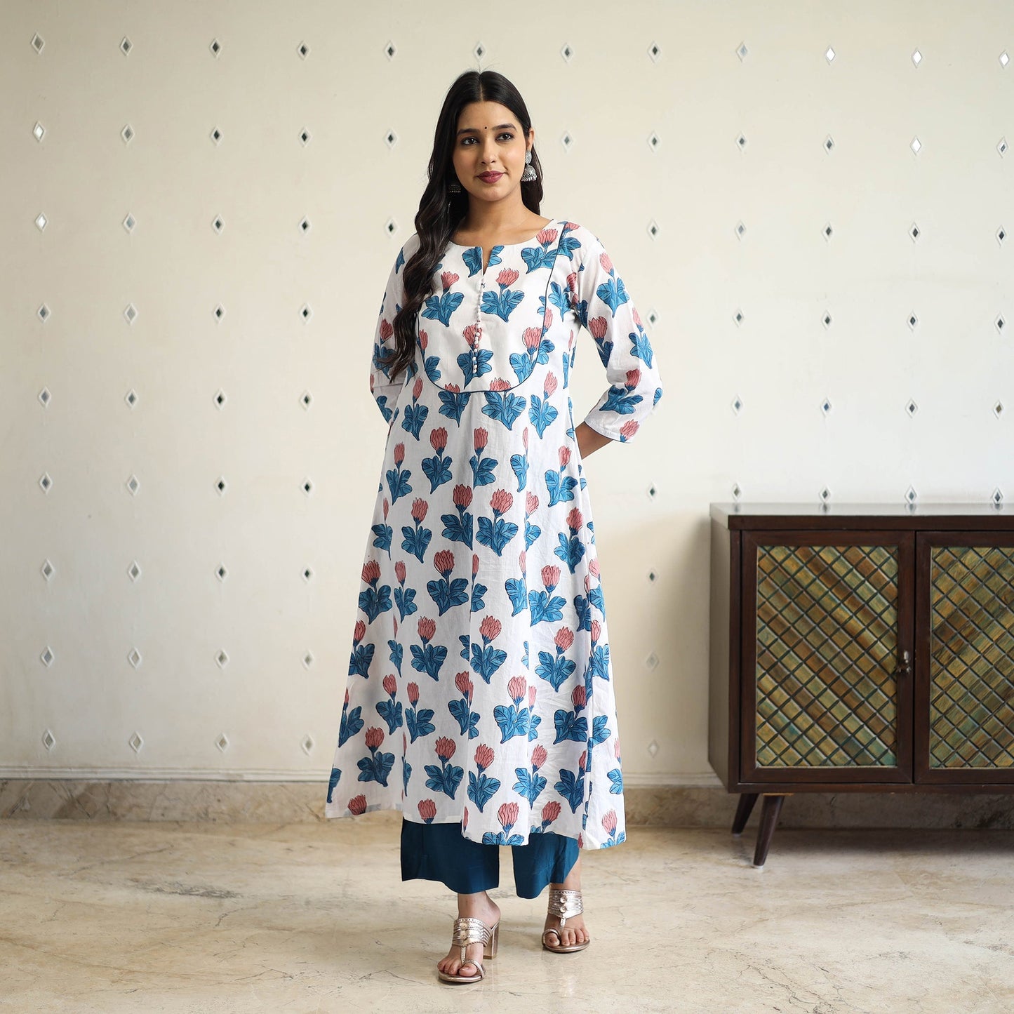 Multicolor A-Line Cotton Block Print Sanganeri Kurta