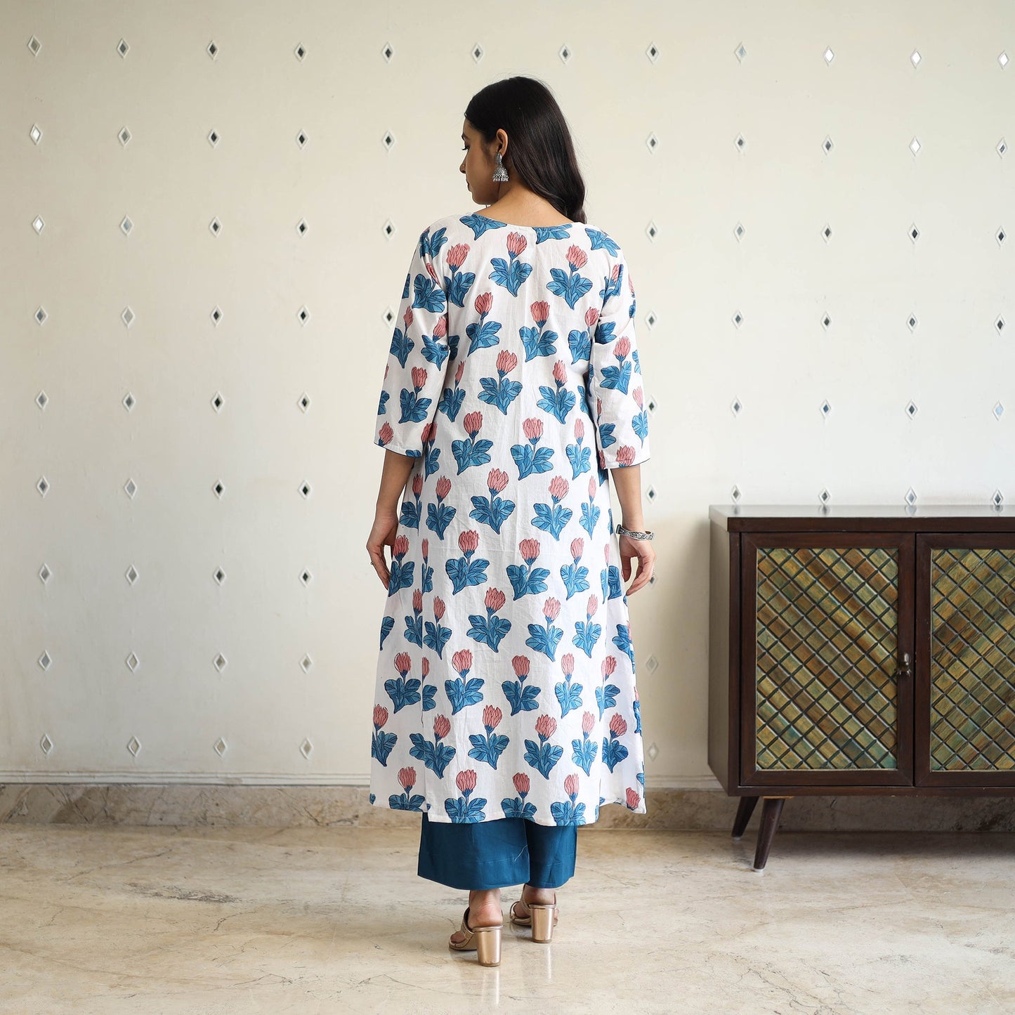 Multicolor A-Line Cotton Block Print Sanganeri Kurta