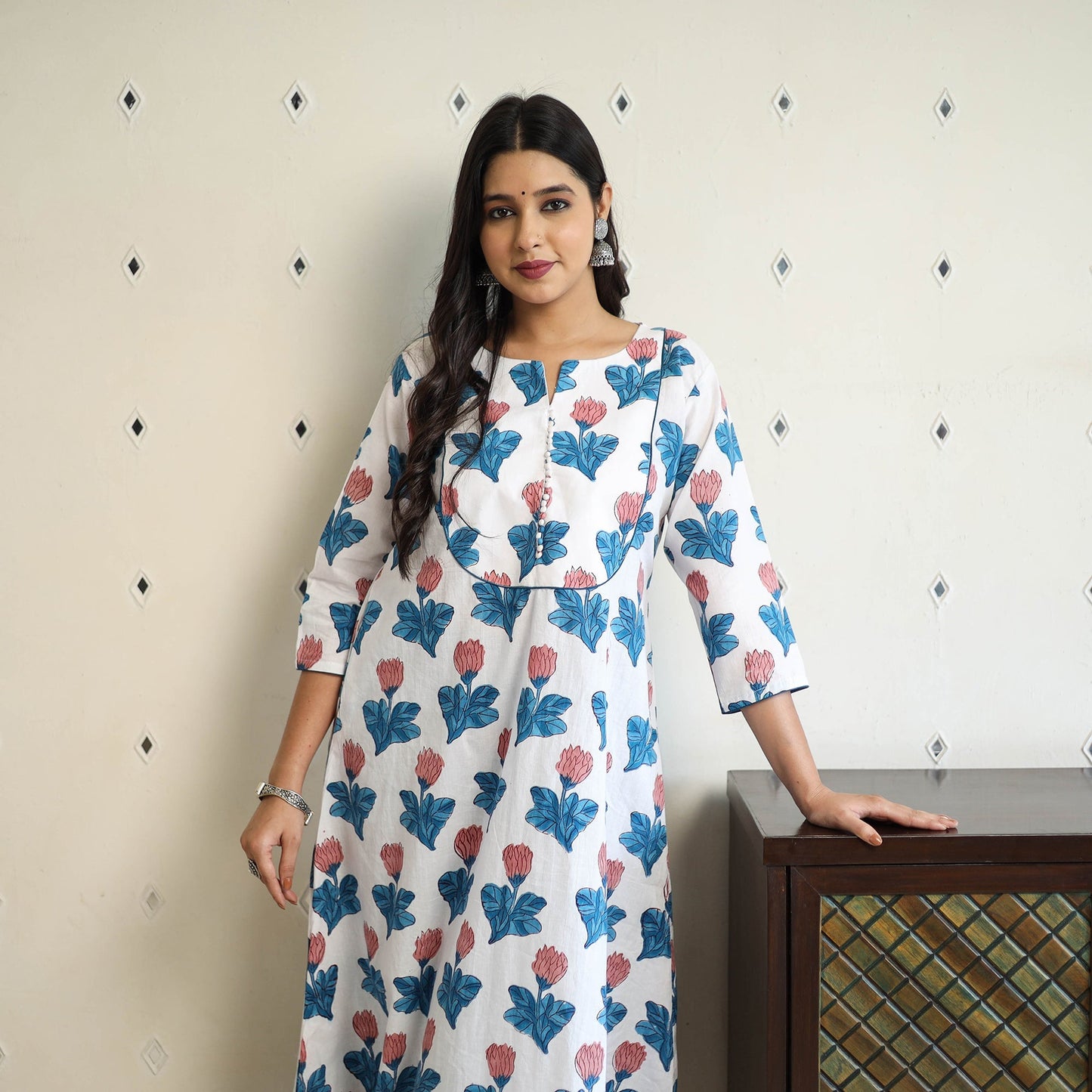 Multicolor A-Line Cotton Block Print Sanganeri Kurta