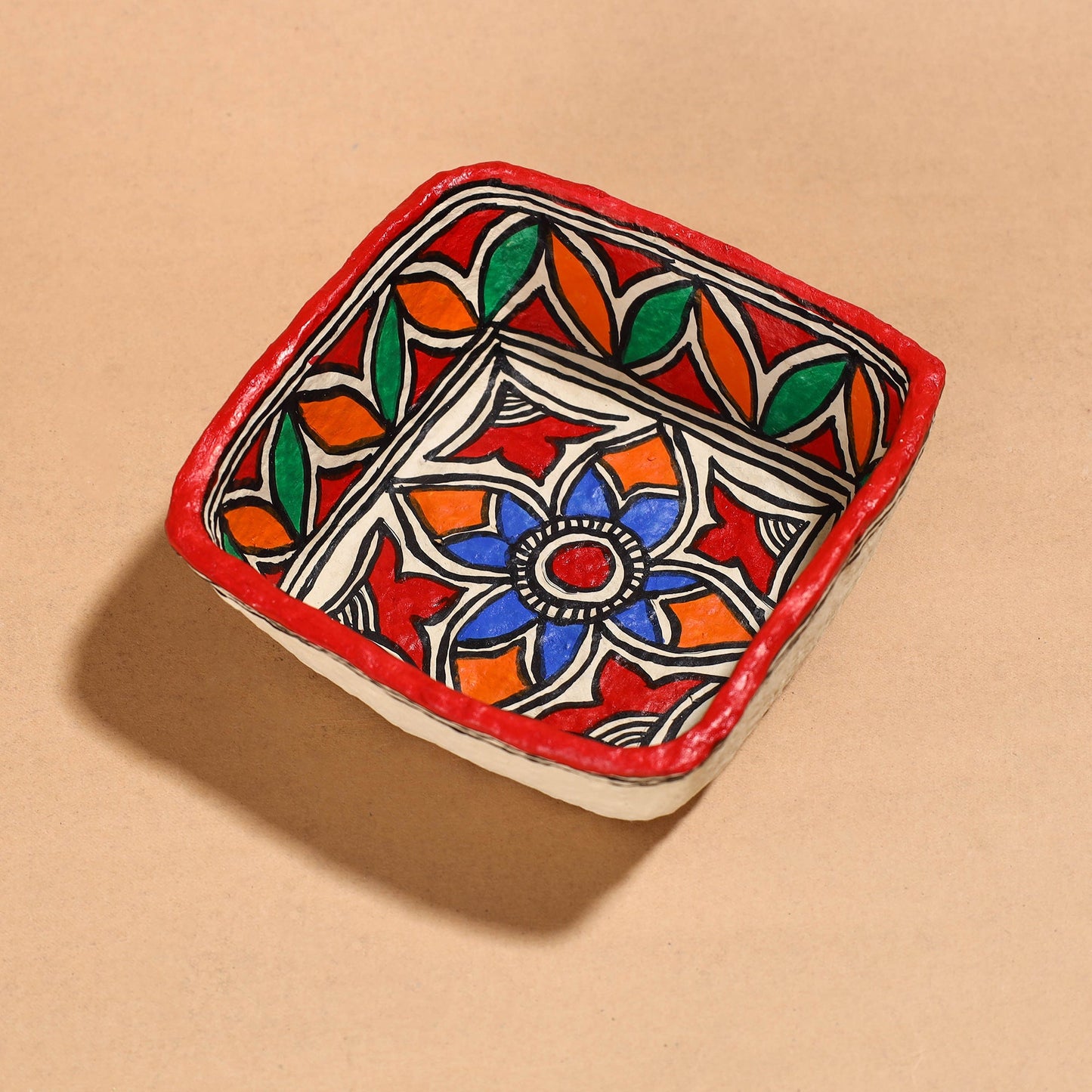 Madhubani Handpainted Paper Mache Home Decor Square Bowl
