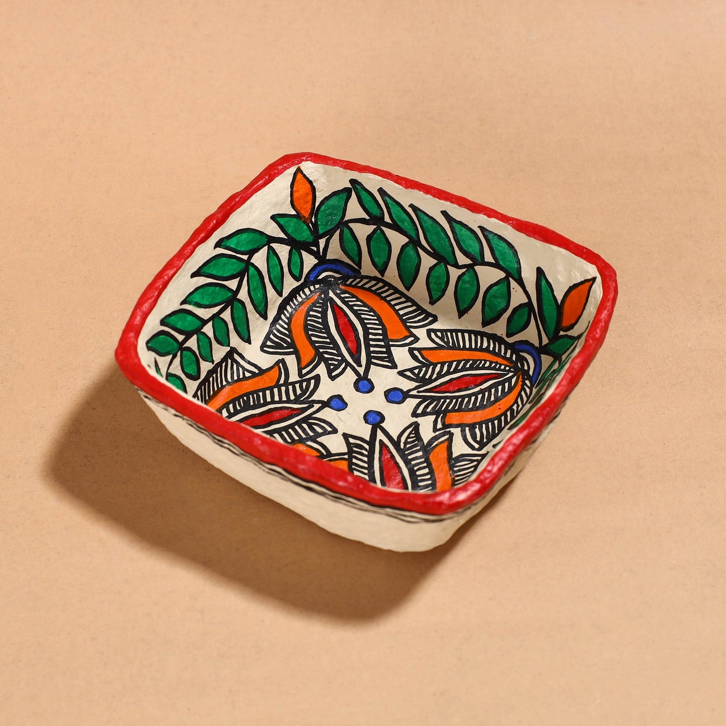 Multicolor Madhubani Handpainted Paper Mache Home Decor Bowl