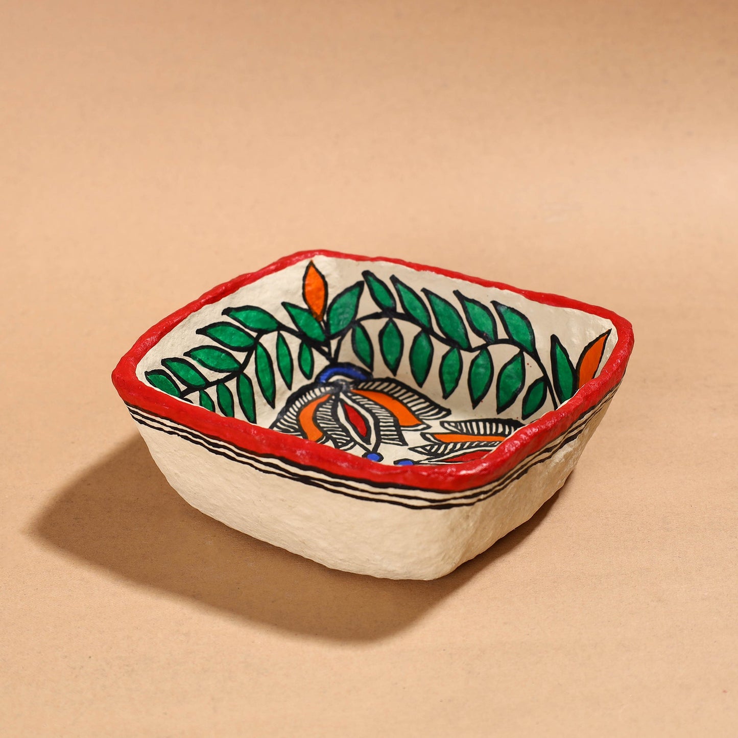 Multicolor Madhubani Handpainted Paper Mache Home Decor Bowl