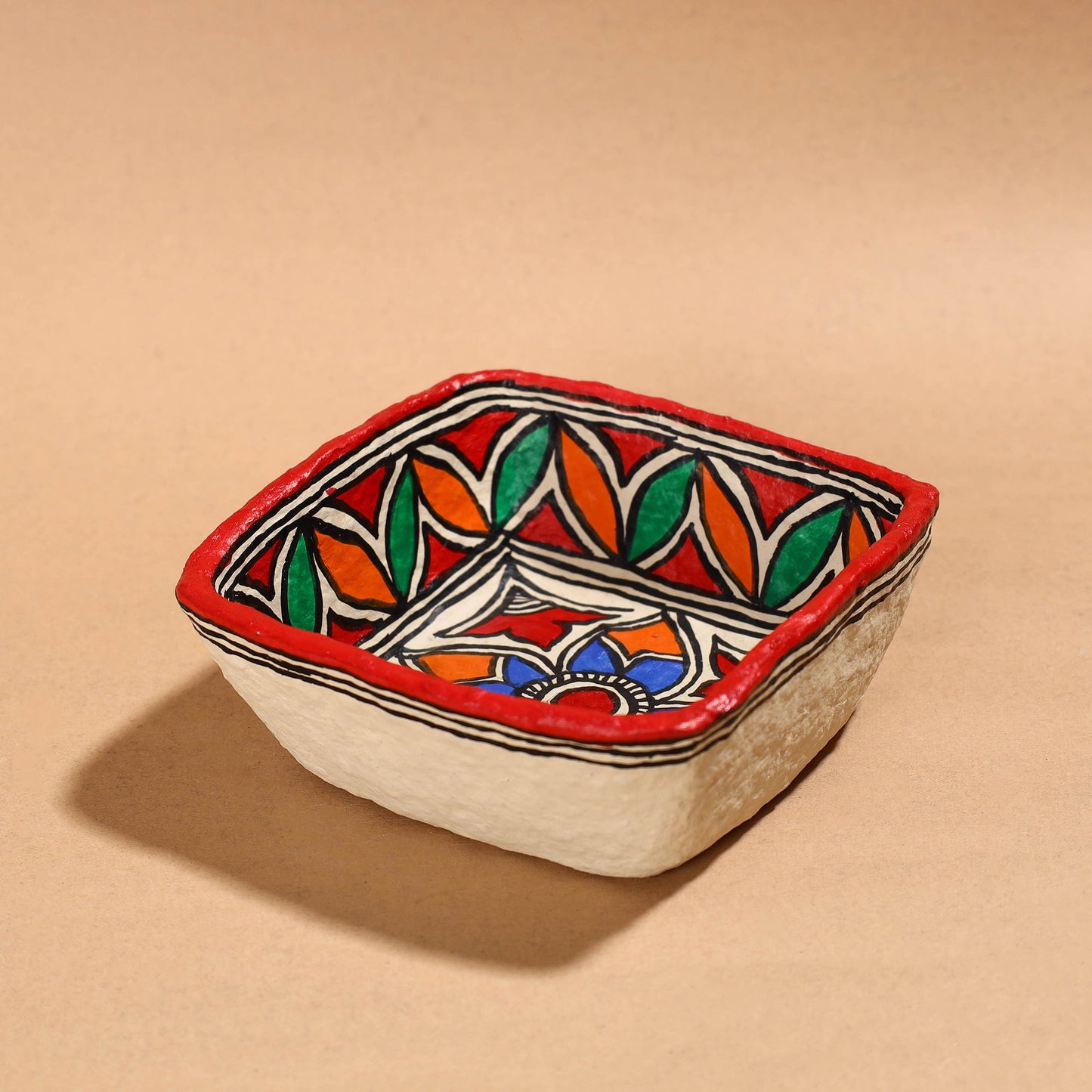 Madhubani Handpainted Paper Mache Home Decor Square Bowl