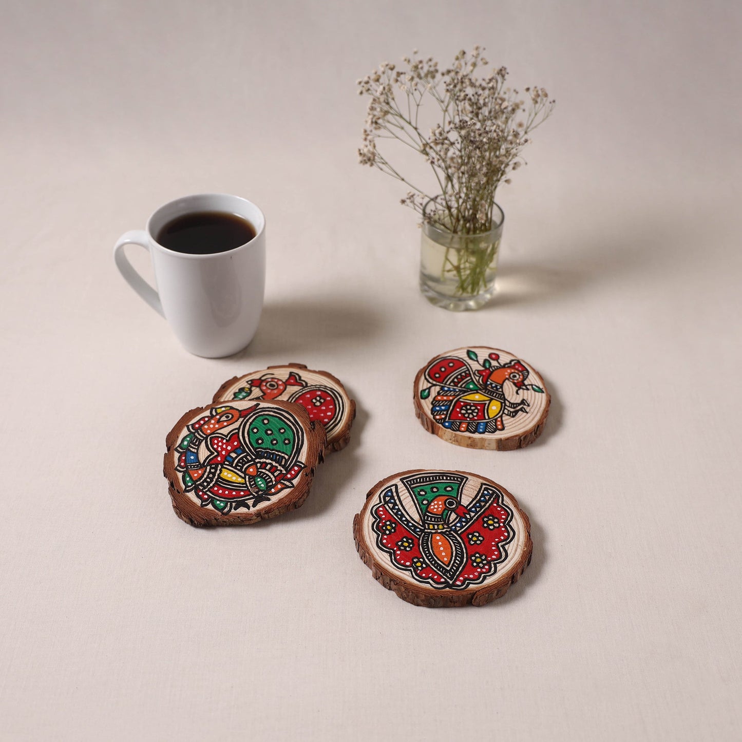 Madhubani handpainted pine wood coaster (set of 4) 01