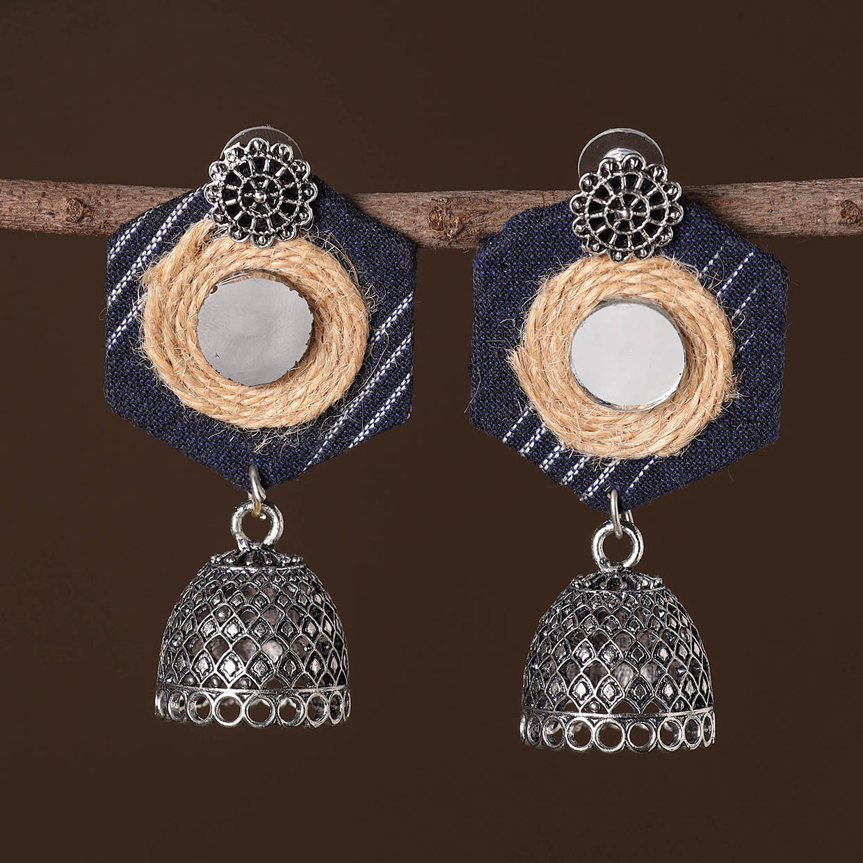 Mayra German Silver Jute Fabart Jhumki Earrings