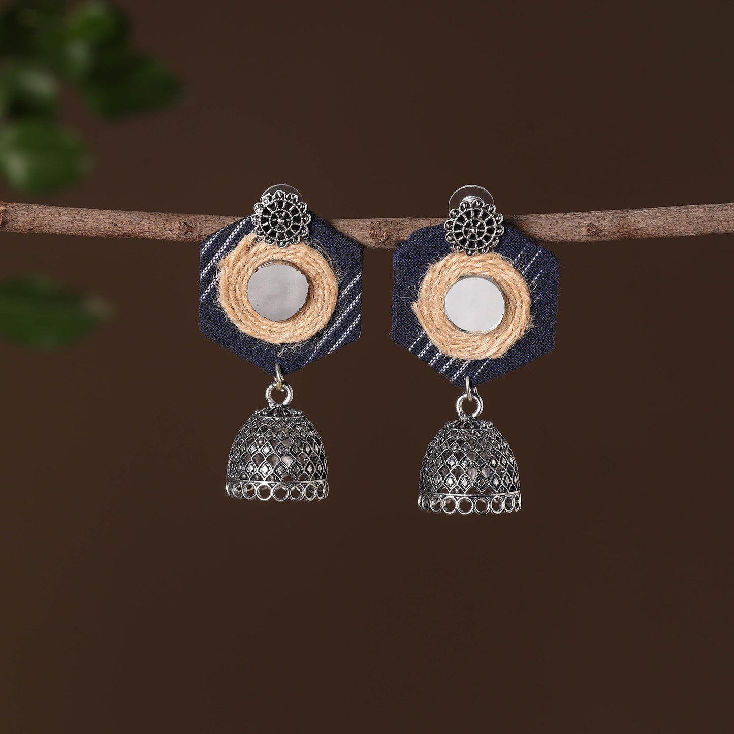 Mayra German Silver Jute Fabart Jhumki Earrings