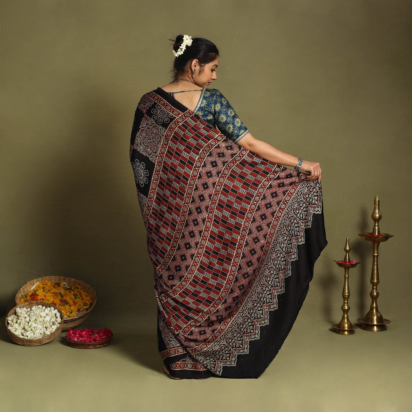 Multicolor Modal Silk Block Print Ajrakh Saree