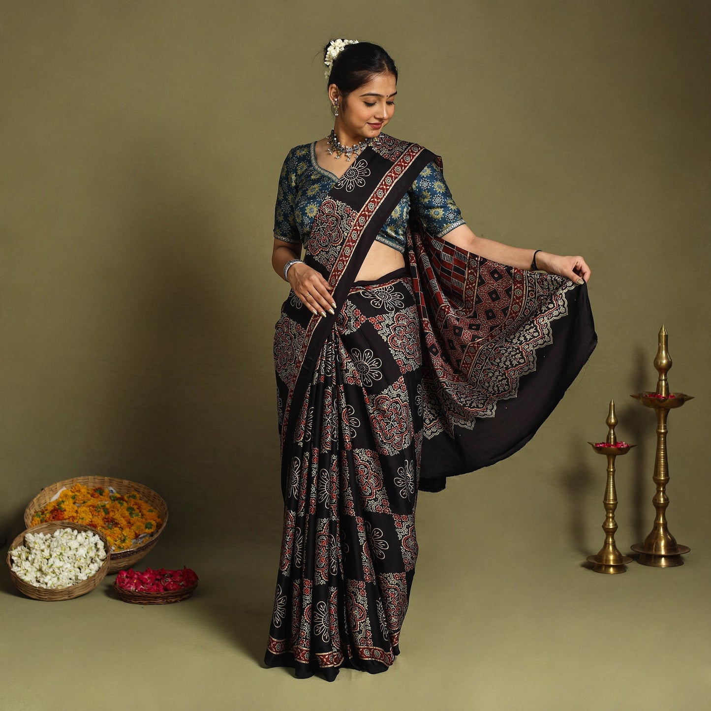 Multicolor Modal Silk Block Print Ajrakh Saree