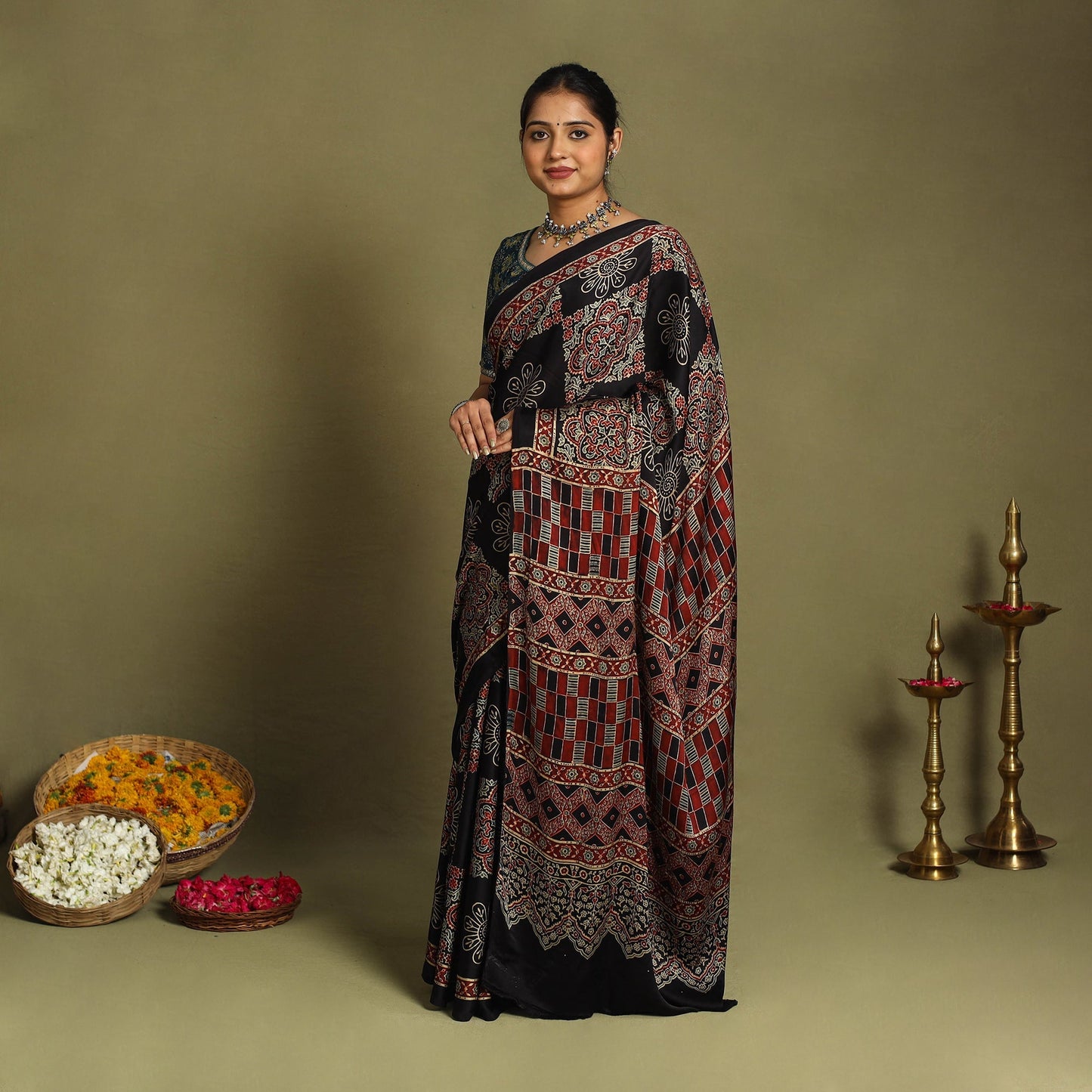 Multicolor Modal Silk Block Print Ajrakh Saree