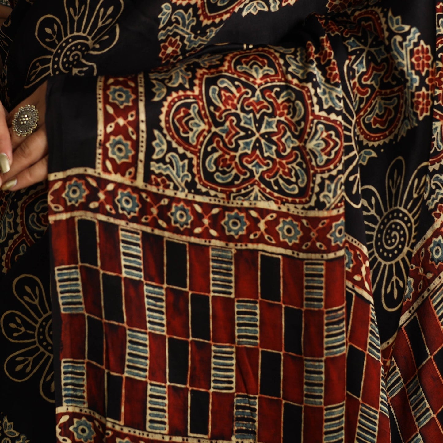 Multicolor Modal Silk Block Print Ajrakh Saree