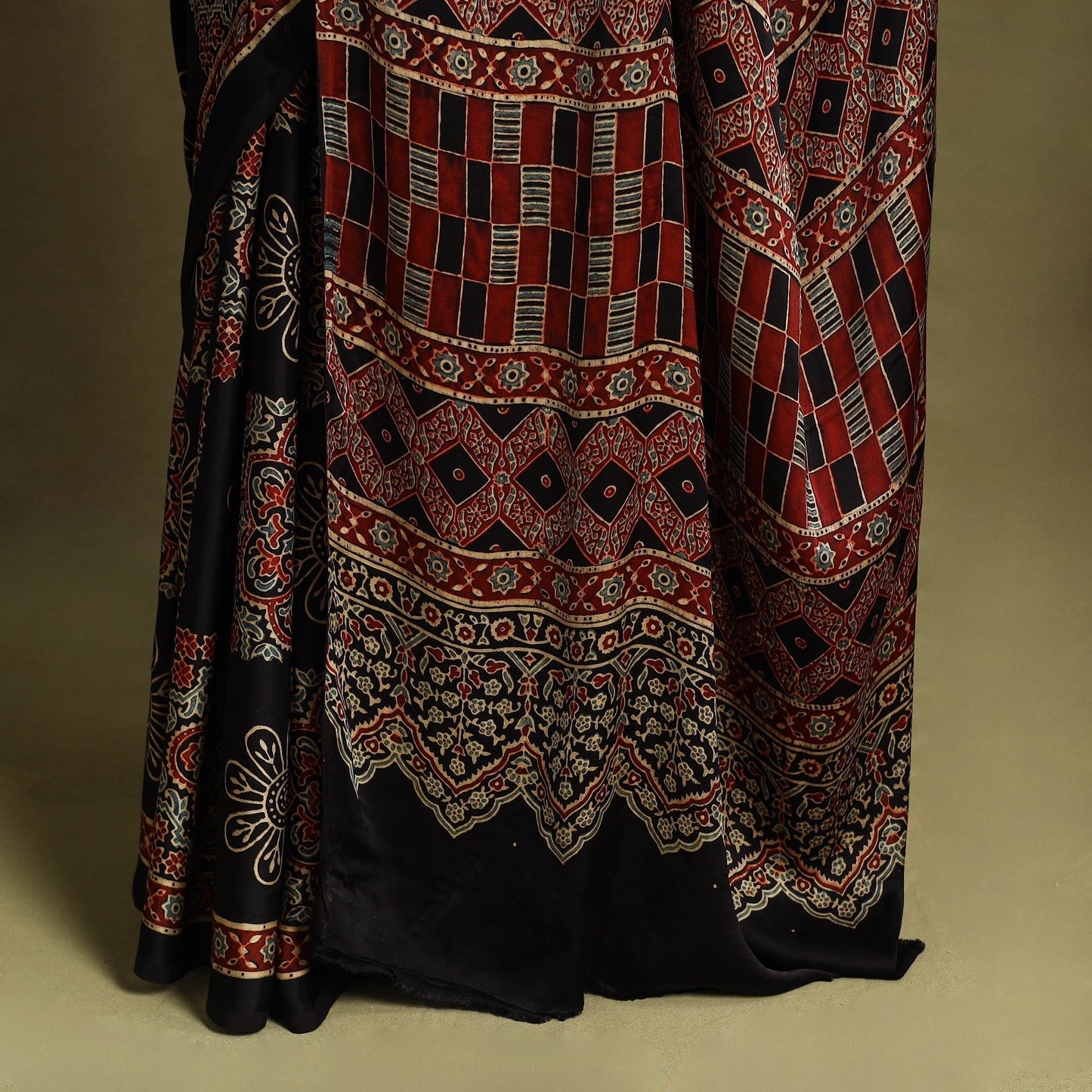 Multicolor Modal Silk Block Print Ajrakh Saree