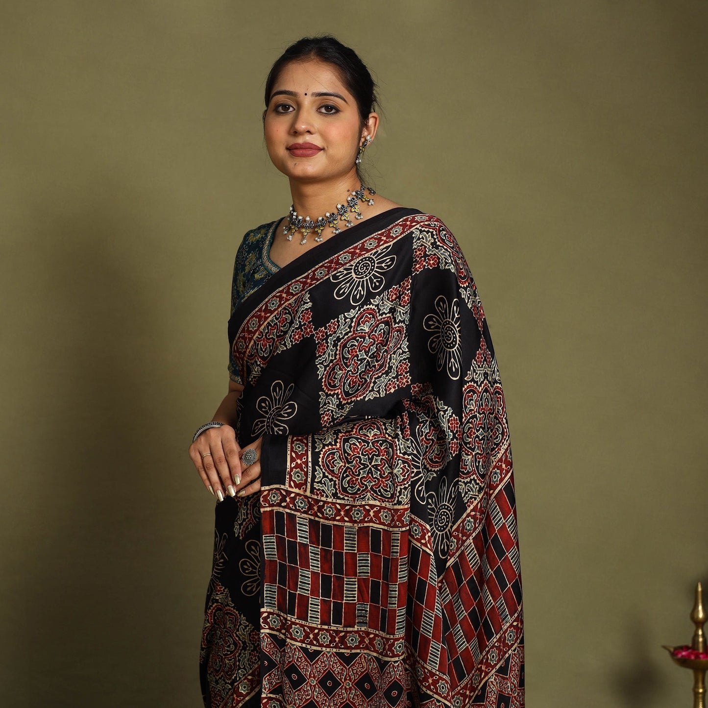 Multicolor Modal Silk Block Print Ajrakh Saree