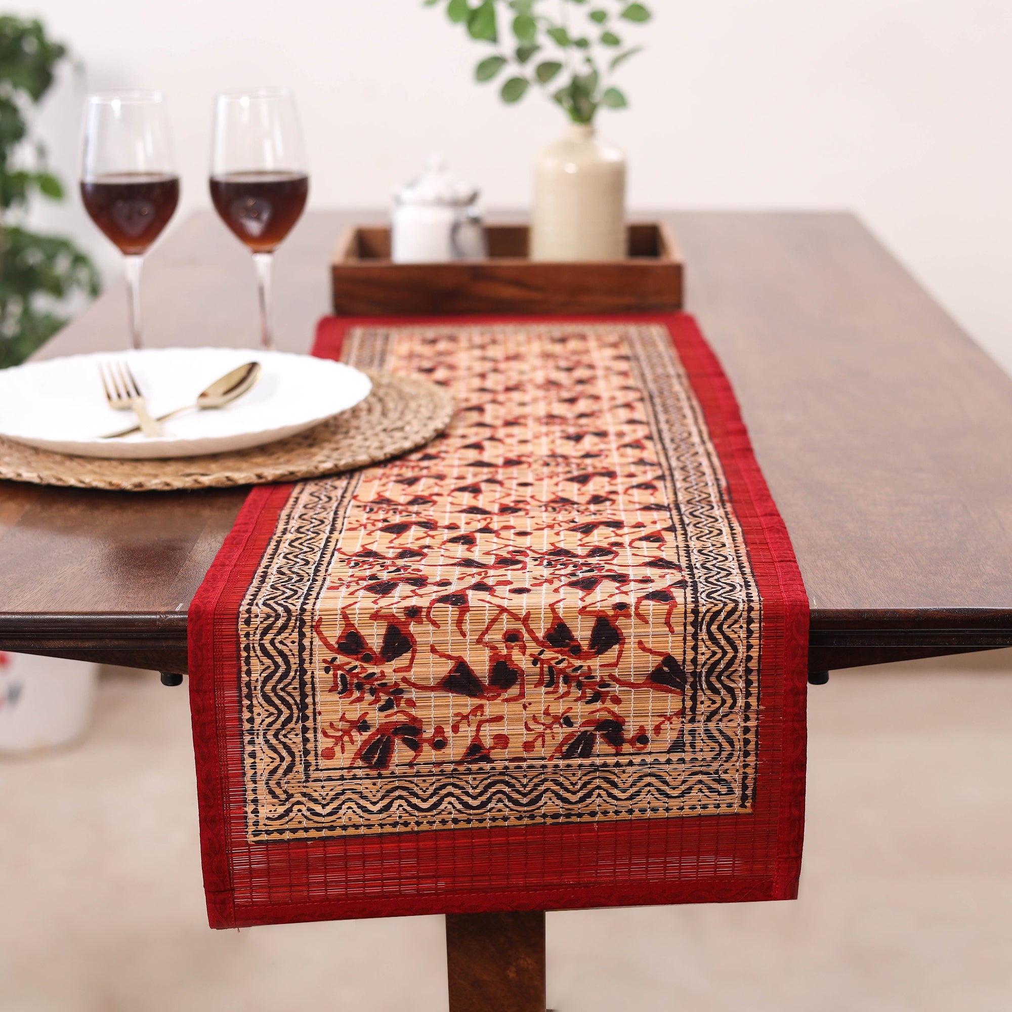Red -  Natural Bamboo Bagh Block Printed Dining Table Runner 12